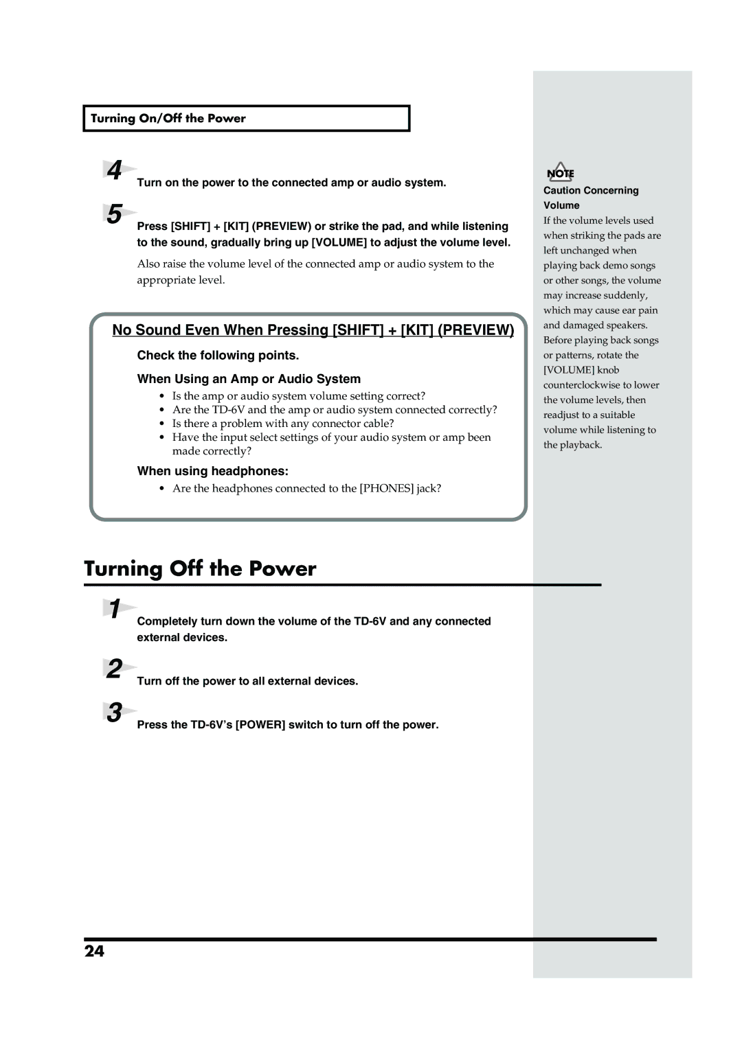 Roland TD-6V owner manual Turning Off the Power, No Sound Even When Pressing Shift + KIT Preview, Volume 