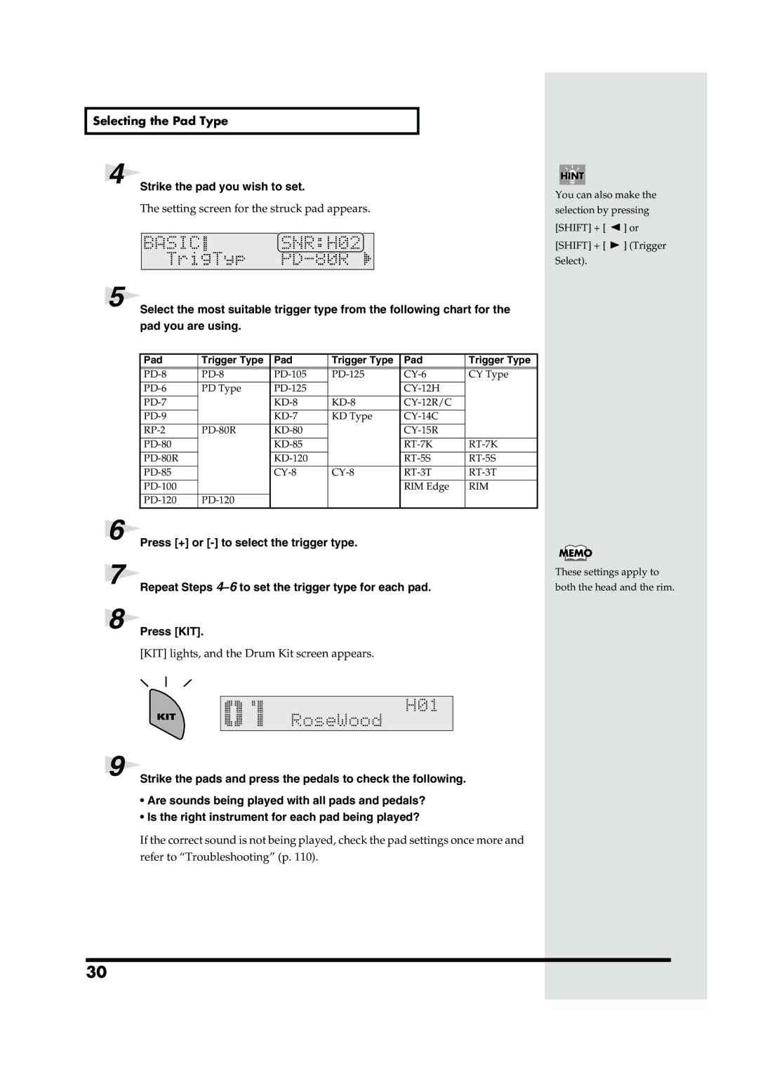 Roland TD-6V owner manual Selecting the Pad Type Strike the pad you wish to set, Pad Trigger Type 