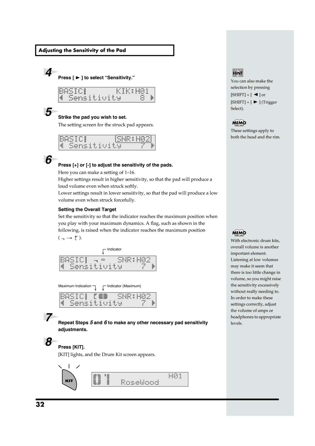 Roland TD-6V owner manual Press + or to adjust the sensitivity of the pads, Setting the Overall Target, Adjustments 