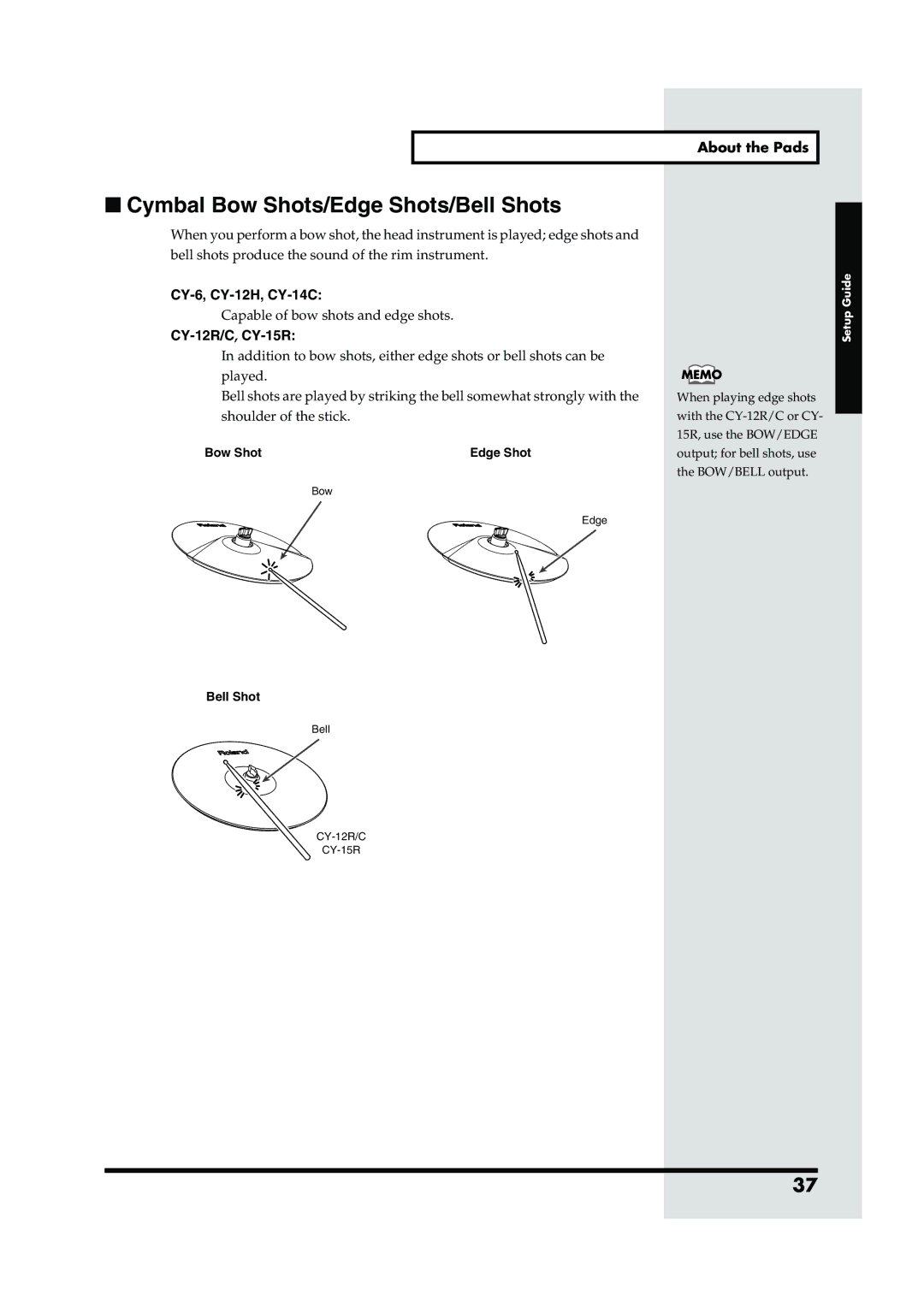 Roland TD-6V owner manual CY-6, CY-12H, CY-14C, CY-12R/C,CY-15R, Bow Shot, Bell Shot 