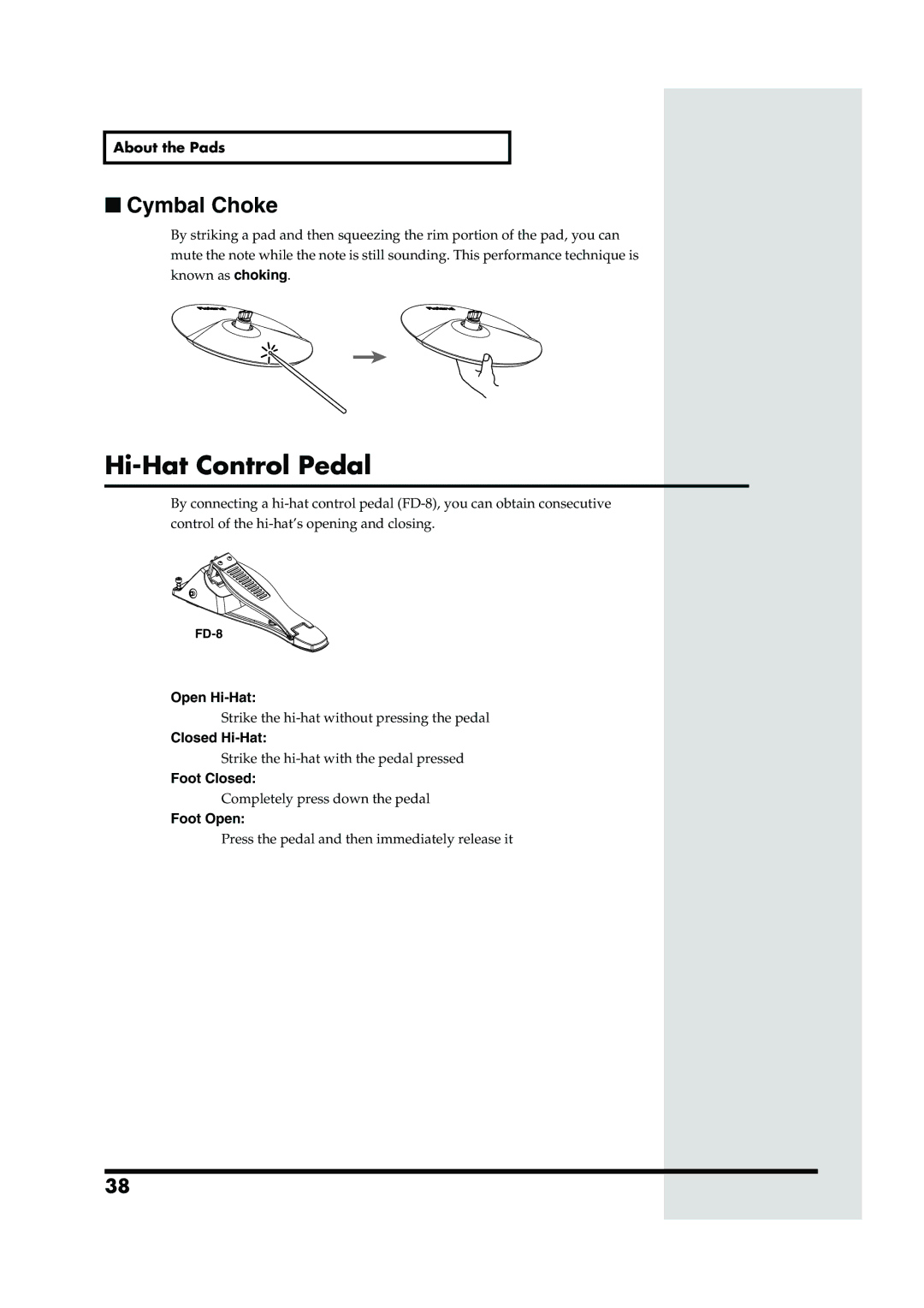 Roland TD-6V owner manual Hi-Hat Control Pedal, Open Hi-Hat, Closed Hi-Hat, Foot Closed, Foot Open 