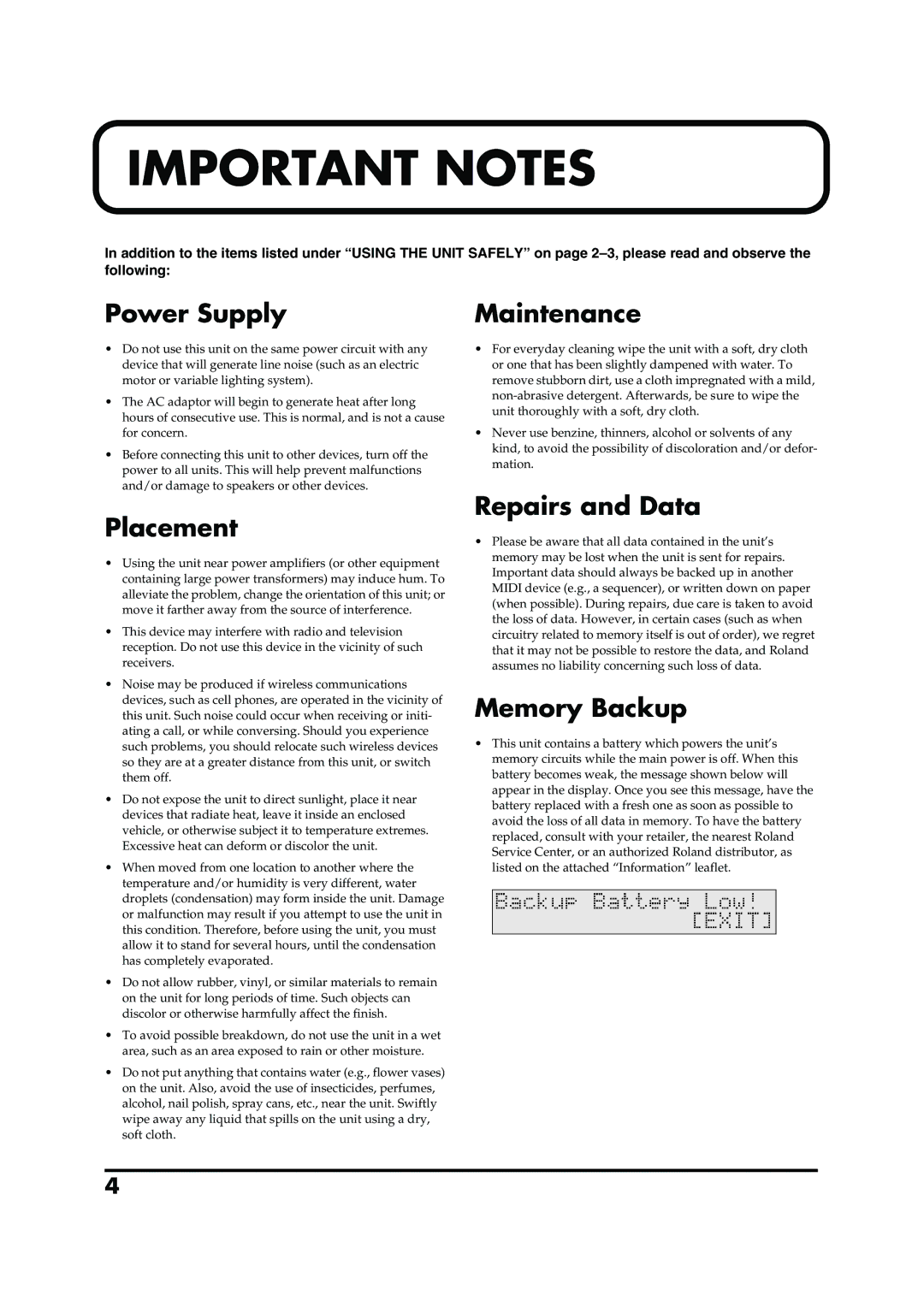 Roland TD-6V owner manual Power Supply, Maintenance, Placement, Repairs and Data, Memory Backup 