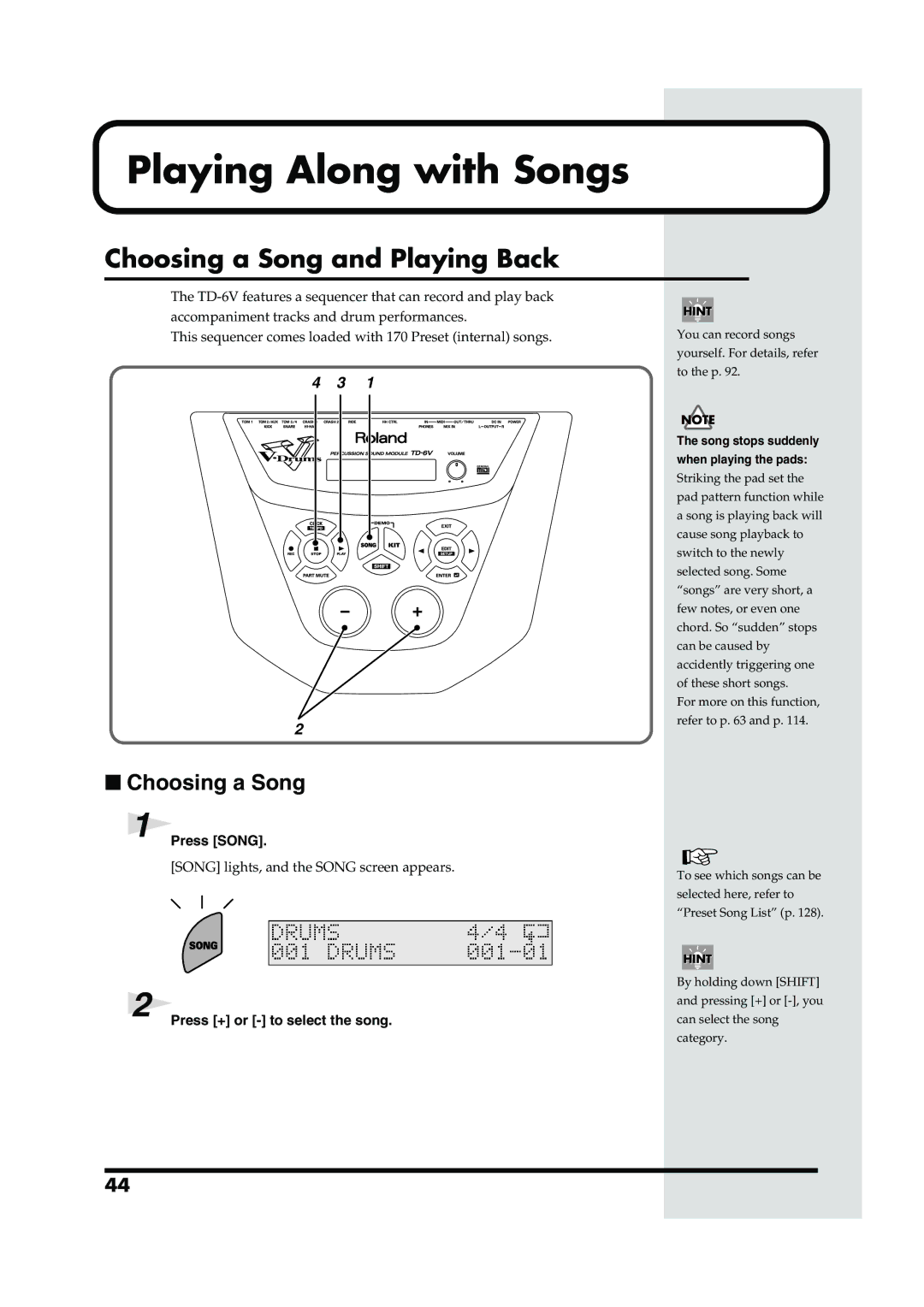 Roland TD-6V Playing Along with Songs, Choosing a Song and Playing Back, Press Song, Press + or to select the song 