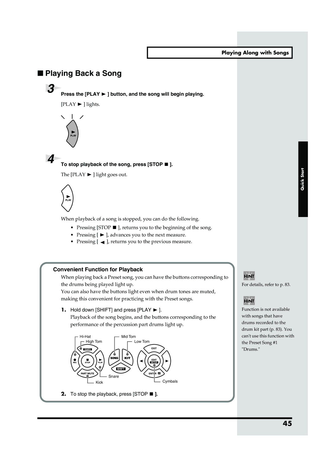 Roland TD-6V owner manual Playing Along with Songs, Press the Play button, and the song will begin playing 