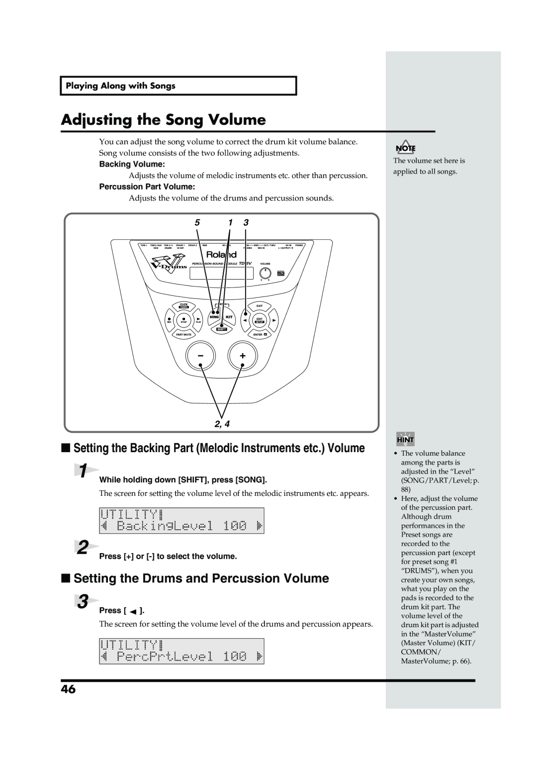 Roland TD-6V owner manual Adjusting the Song Volume 