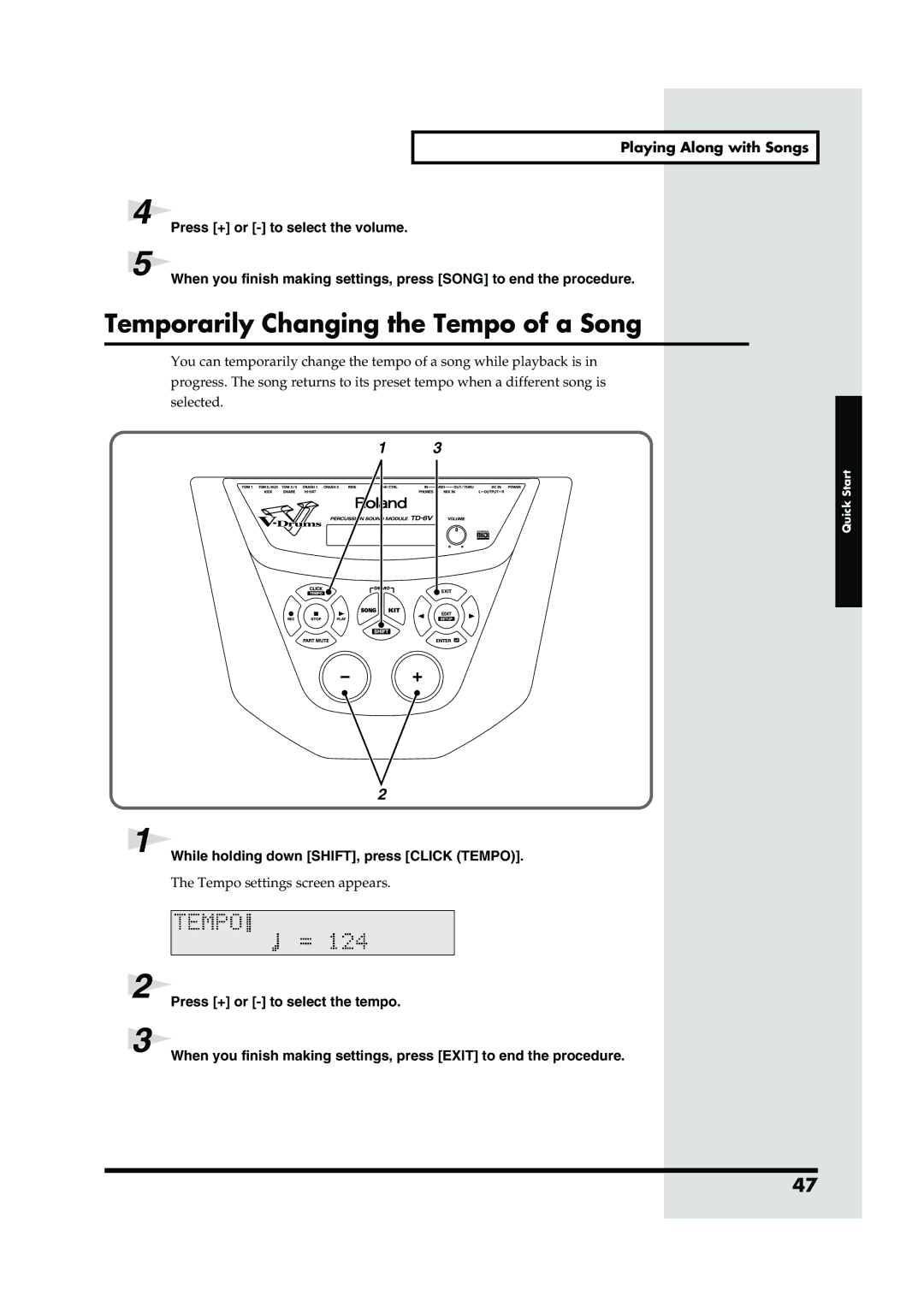 Roland TD-6V owner manual Temporarily Changing the Tempo of a Song, Fig.Q-014 