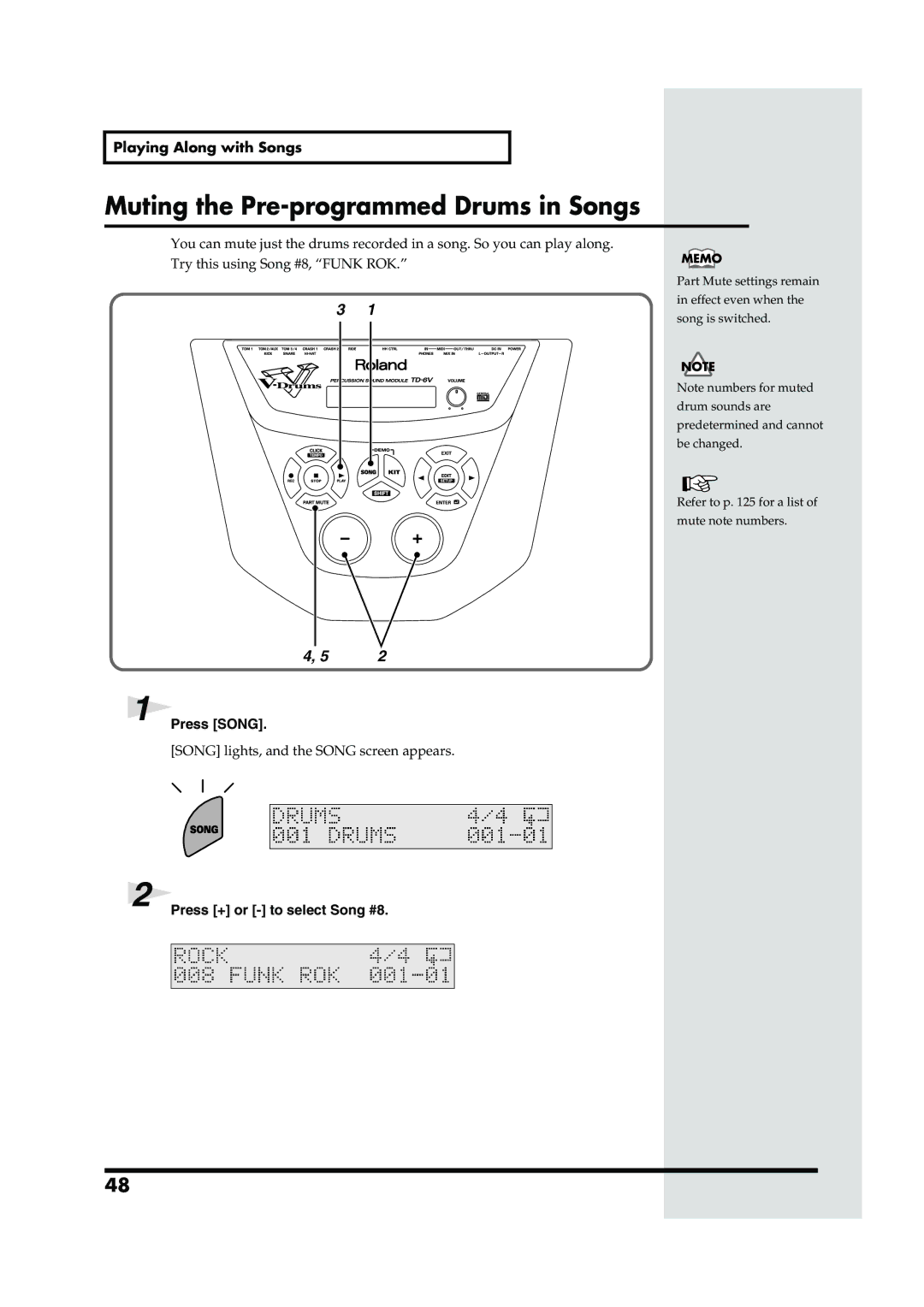 Roland TD-6V owner manual Muting the Pre-programmed Drums in Songs, Press + or to select Song #8 