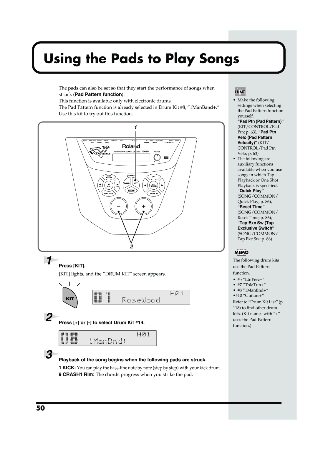 Roland TD-6V Using the Pads to Play Songs, Pad Ptn Pad Pattern, Velo Pad Pattern Velocity KIT/ CONTROL/Pad Ptn Velo p 