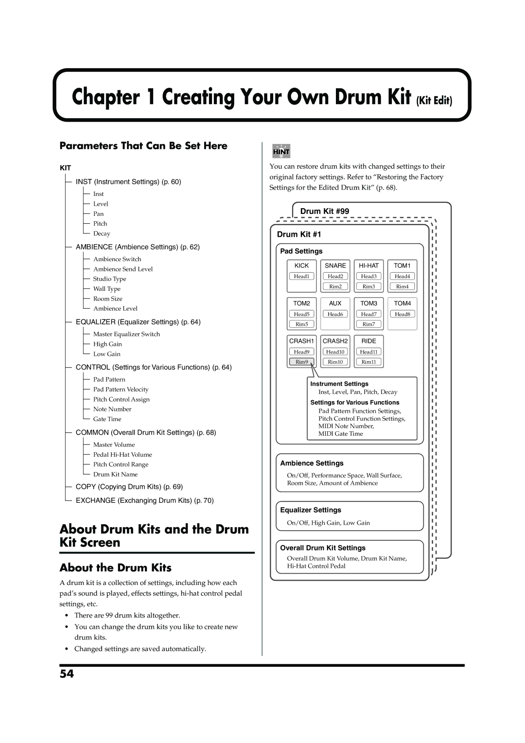 Roland TD-6V owner manual About Drum Kits and the Drum Kit Screen, About the Drum Kits, Drum Kit #99 Drum Kit #1 