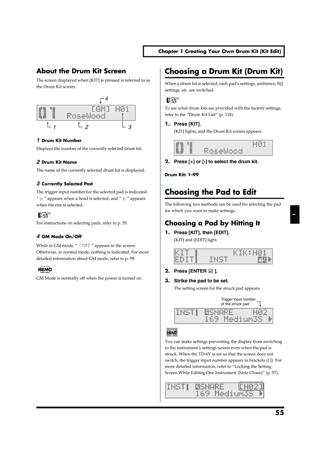 Roland TD-6V owner manual Choosing a Drum Kit Drum Kit, Choosing the Pad to Edit, About the Drum Kit Screen 