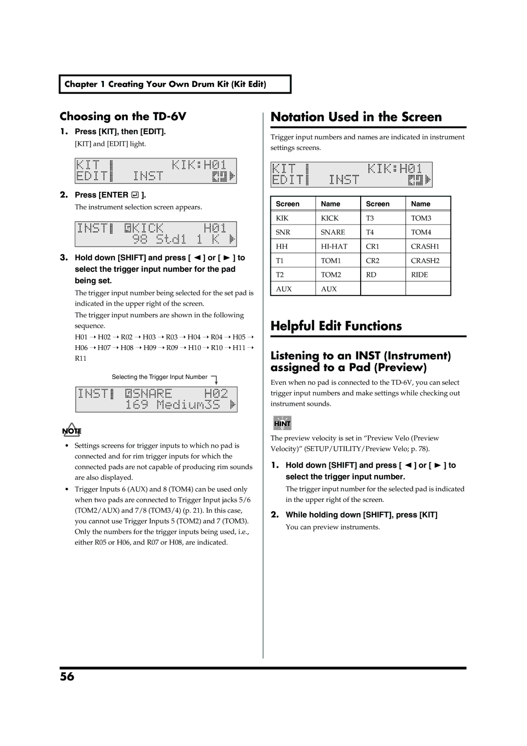 Roland Notation Used in the Screen, Helpful Edit Functions, Choosing on the TD-6V, While holding down SHIFT, press KIT 