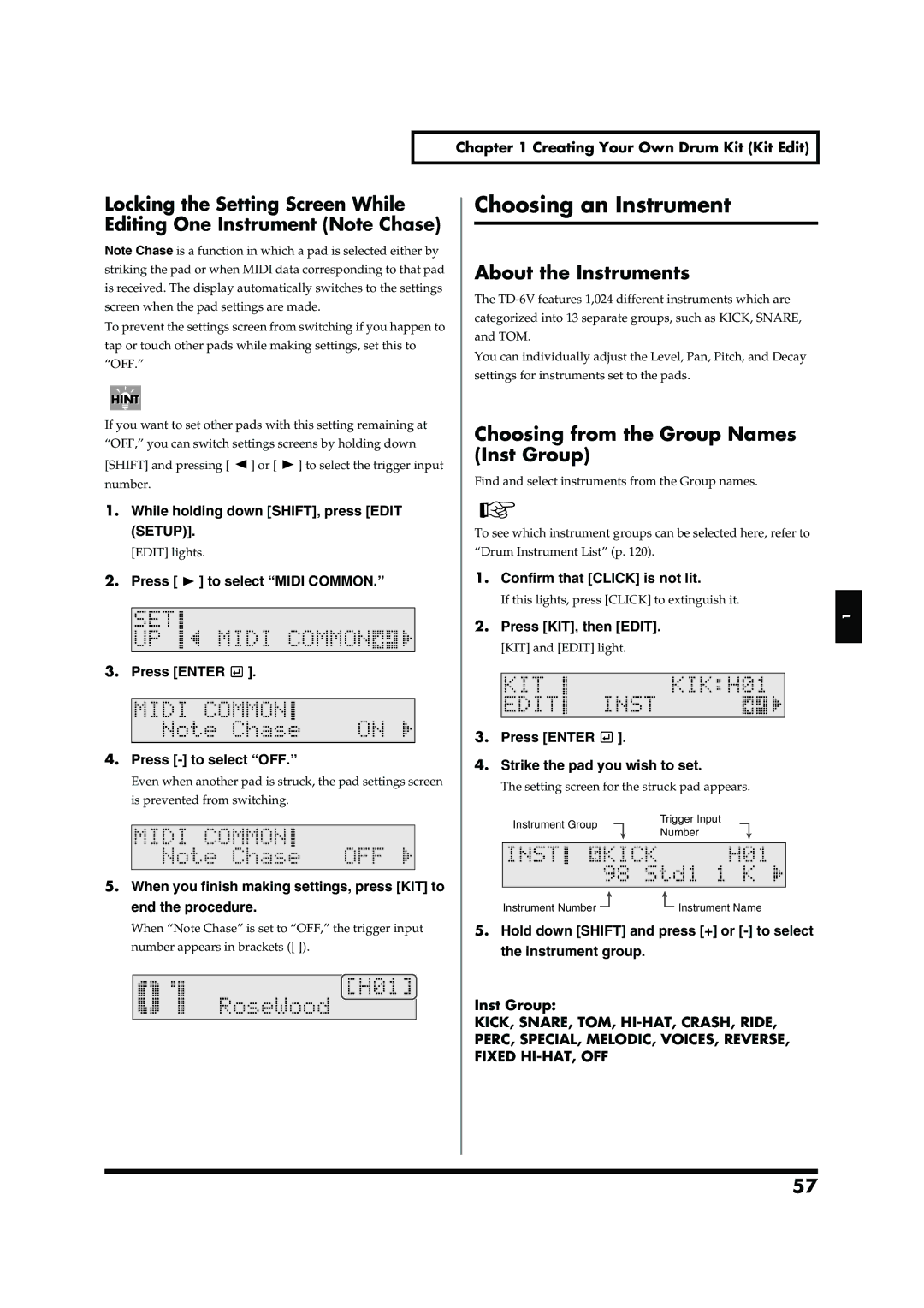 Roland TD-6V owner manual Choosing an Instrument, About the Instruments, Choosing from the Group Names Inst Group 