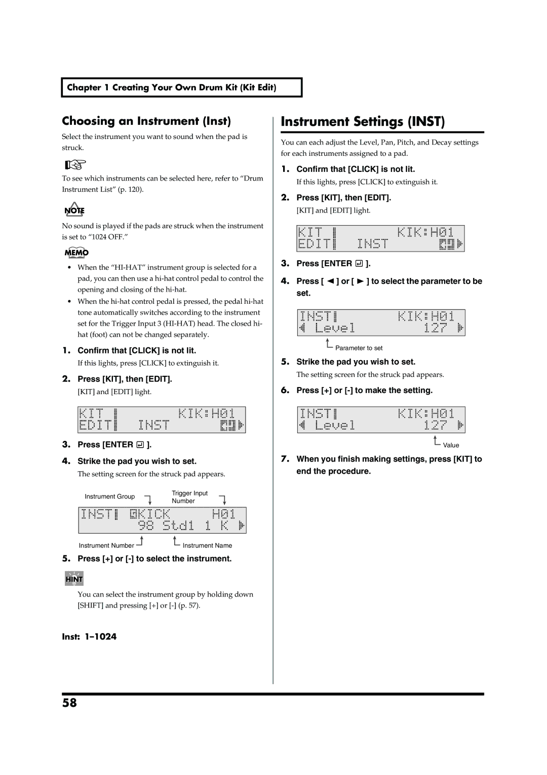 Roland TD-6V owner manual Instrument Settings Inst, Choosing an Instrument Inst, Press + or to select the instrument 