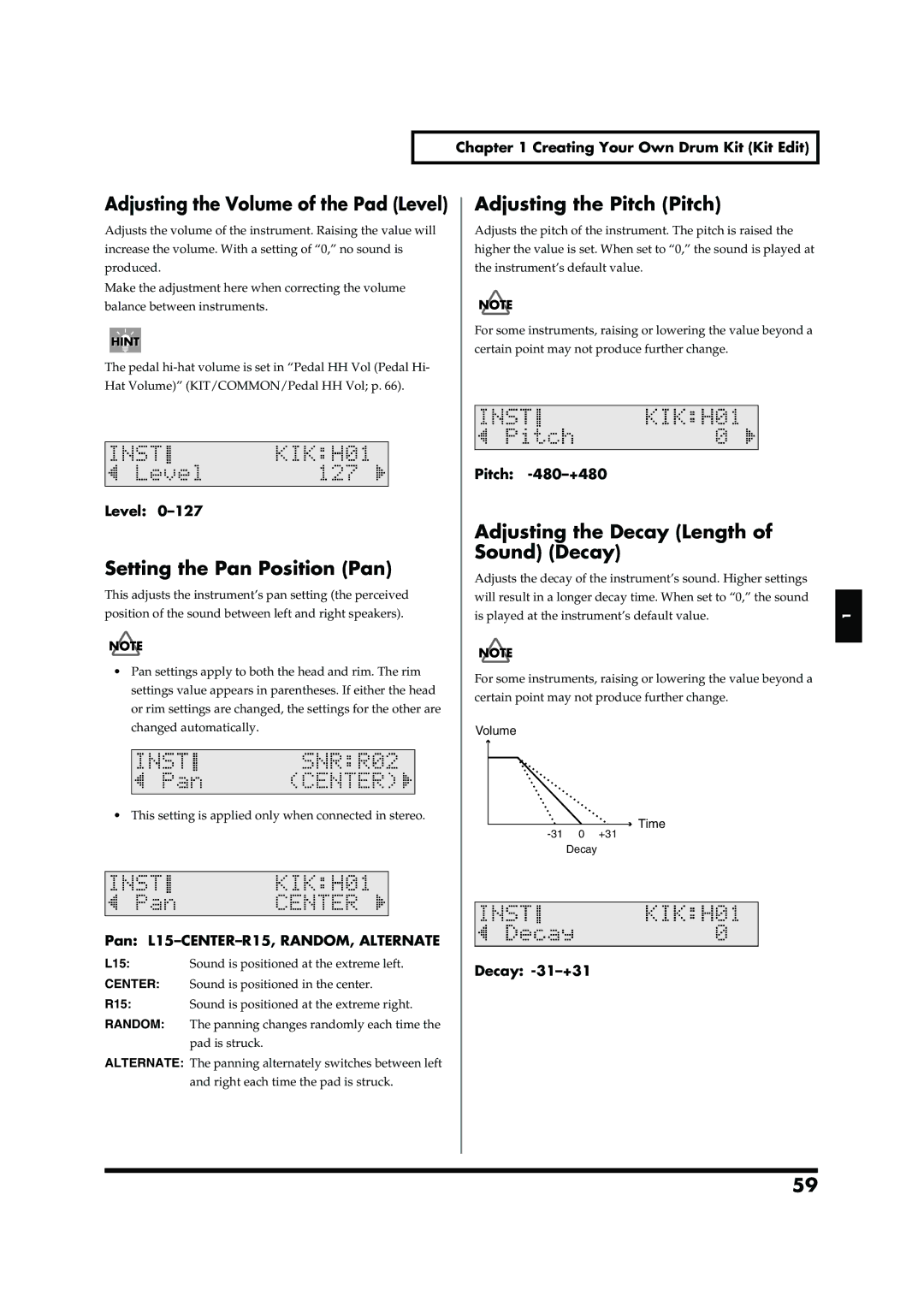 Roland TD-6V owner manual Adjusting the Volume of the Pad Level, Setting the Pan Position Pan, Adjusting the Pitch Pitch 