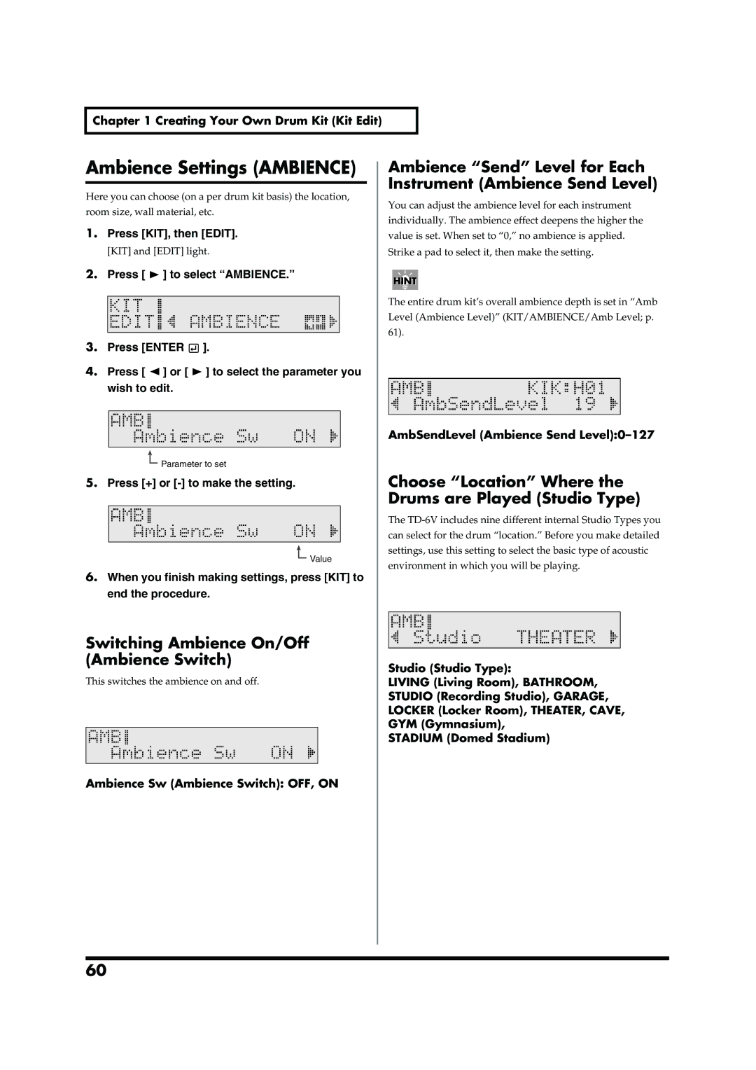 Roland TD-6V Ambience Settings Ambience, Switching Ambience On/Off Ambience Switch, AmbSendLevel Ambience Send Level0-127 