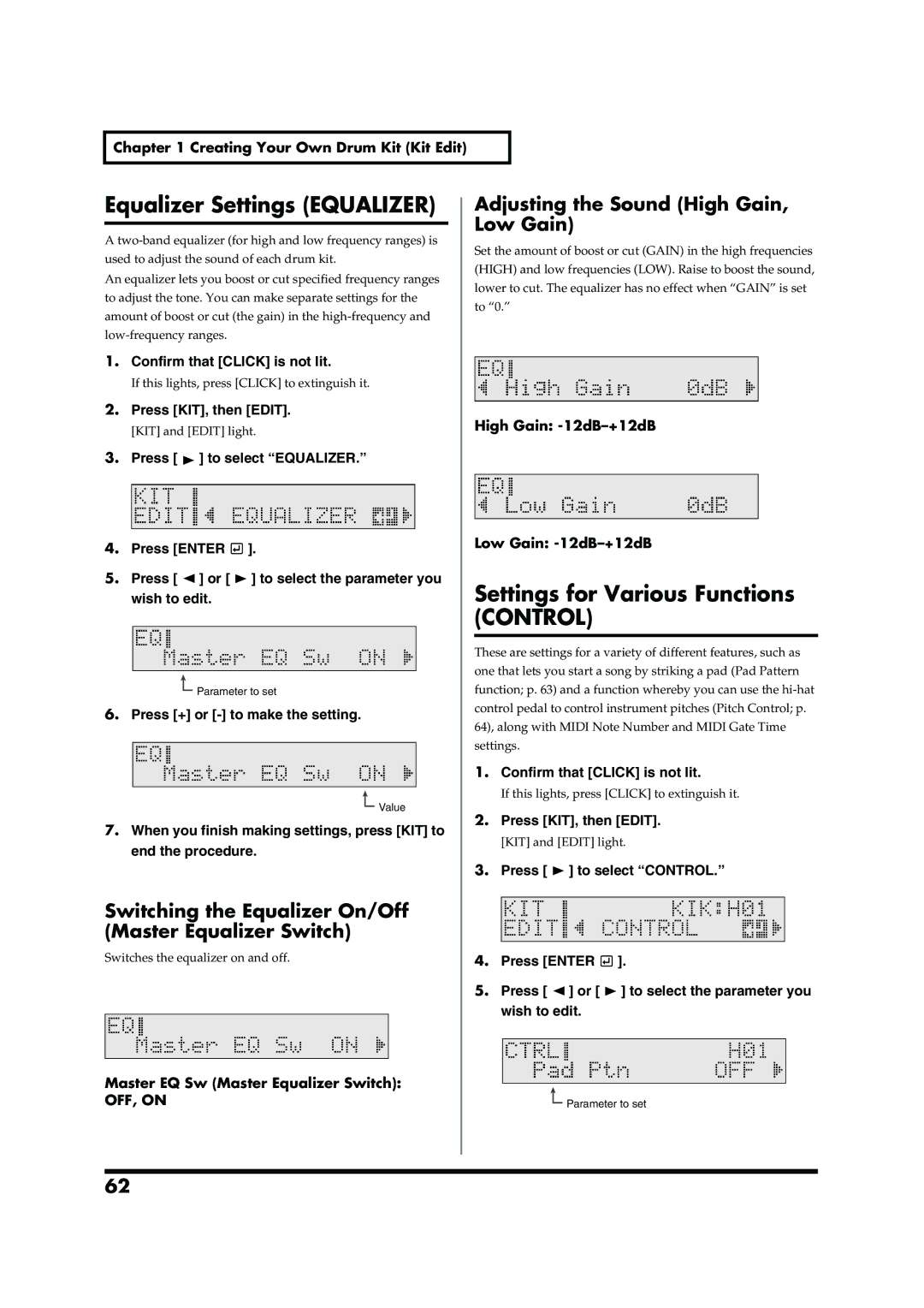 Roland TD-6V Equalizer Settings Equalizer, Settings for Various Functions Control, Adjusting the Sound High Gain, Low Gain 