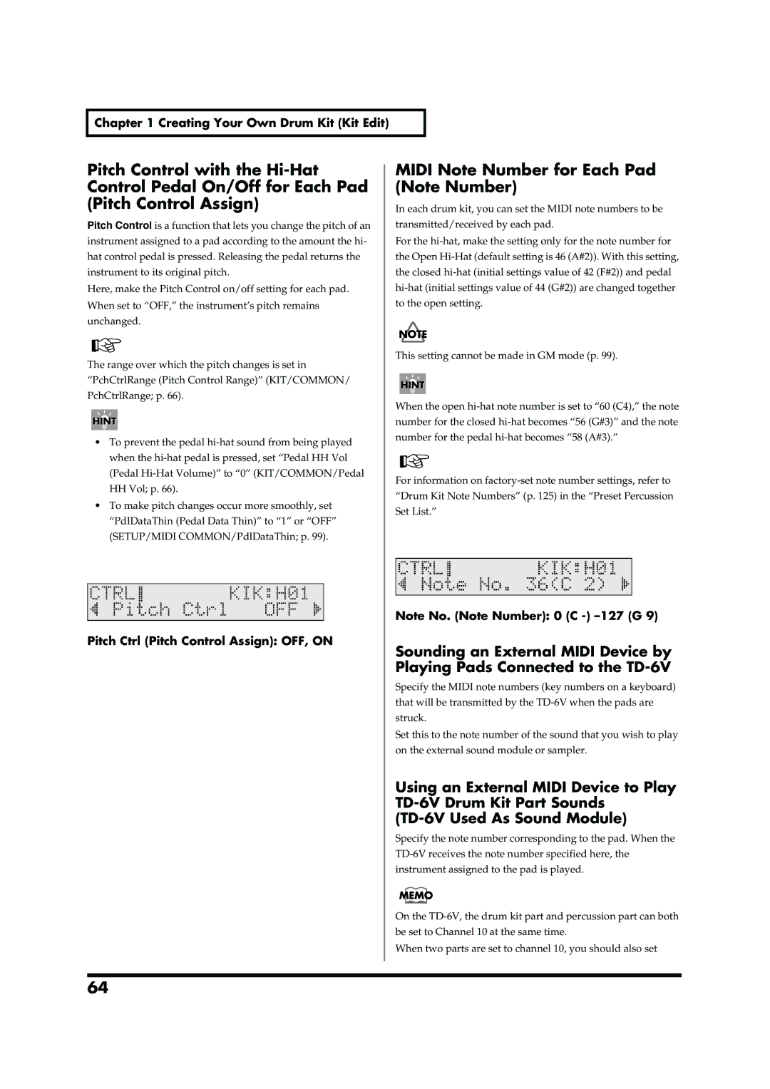Roland TD-6V owner manual Midi Note Number for Each Pad Note Number, Pitch Ctrl Pitch Control Assign OFF, on 