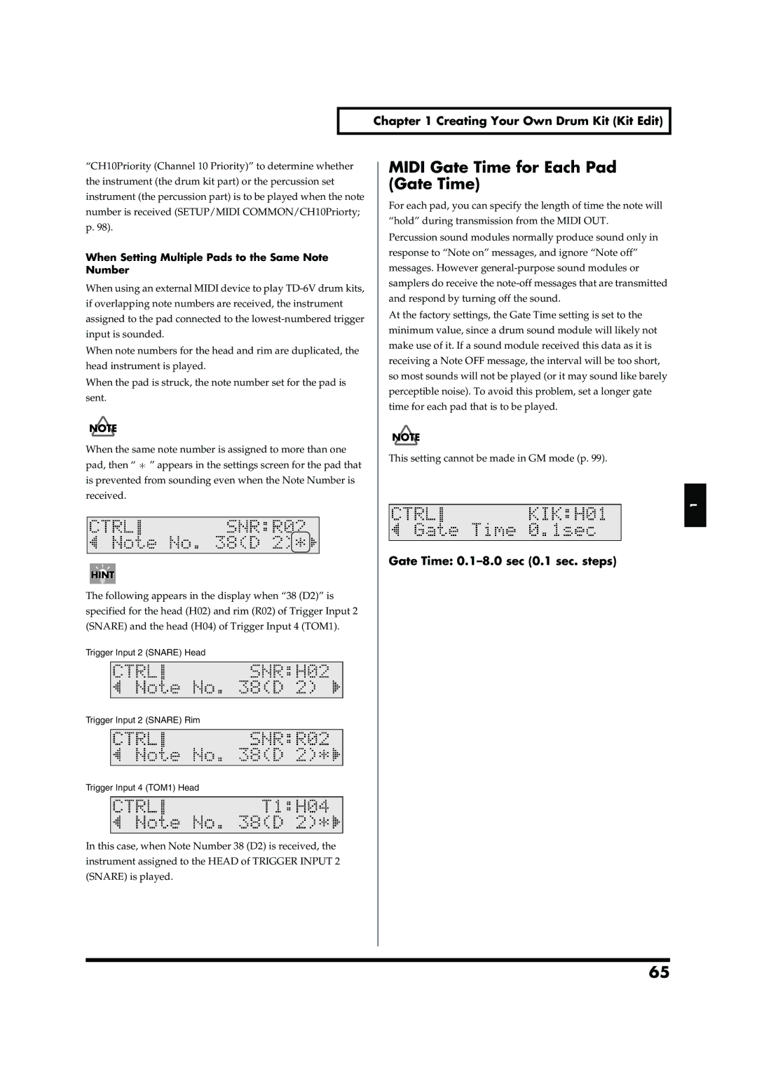 Roland TD-6V owner manual Midi Gate Time for Each Pad Gate Time, Gate Time 0.1-8.0 sec 0.1 sec. steps 