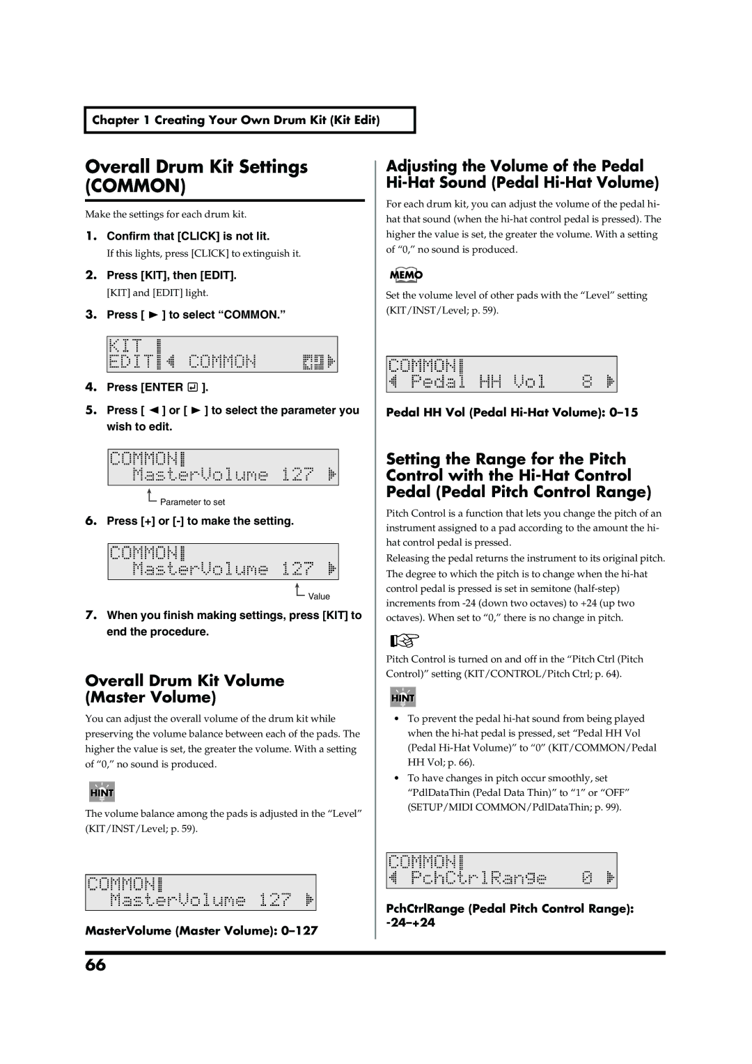 Roland TD-6V Overall Drum Kit Settings Common, Overall Drum Kit Volume Master Volume, Pedal HH Vol Pedal Hi-Hat Volume 