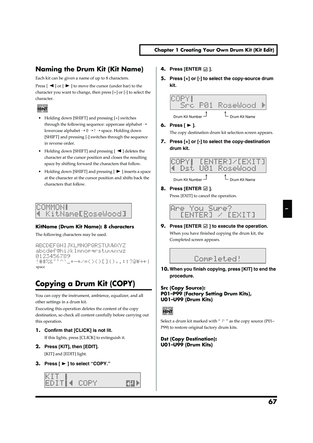 Roland TD-6V owner manual Copying a Drum Kit Copy, Naming the Drum Kit Kit Name, KitName Drum Kit Name 8 characters 