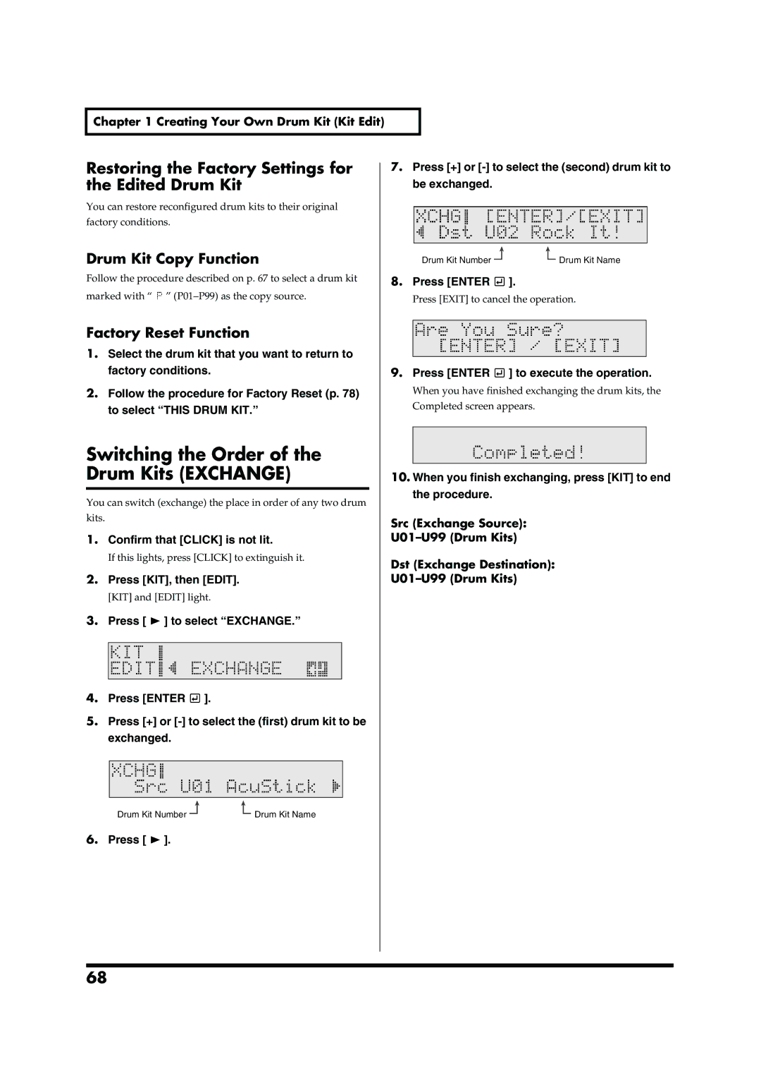 Roland TD-6V owner manual Switching the Order Drum Kits Exchange, Restoring the Factory Settings for, Edited Drum Kit 