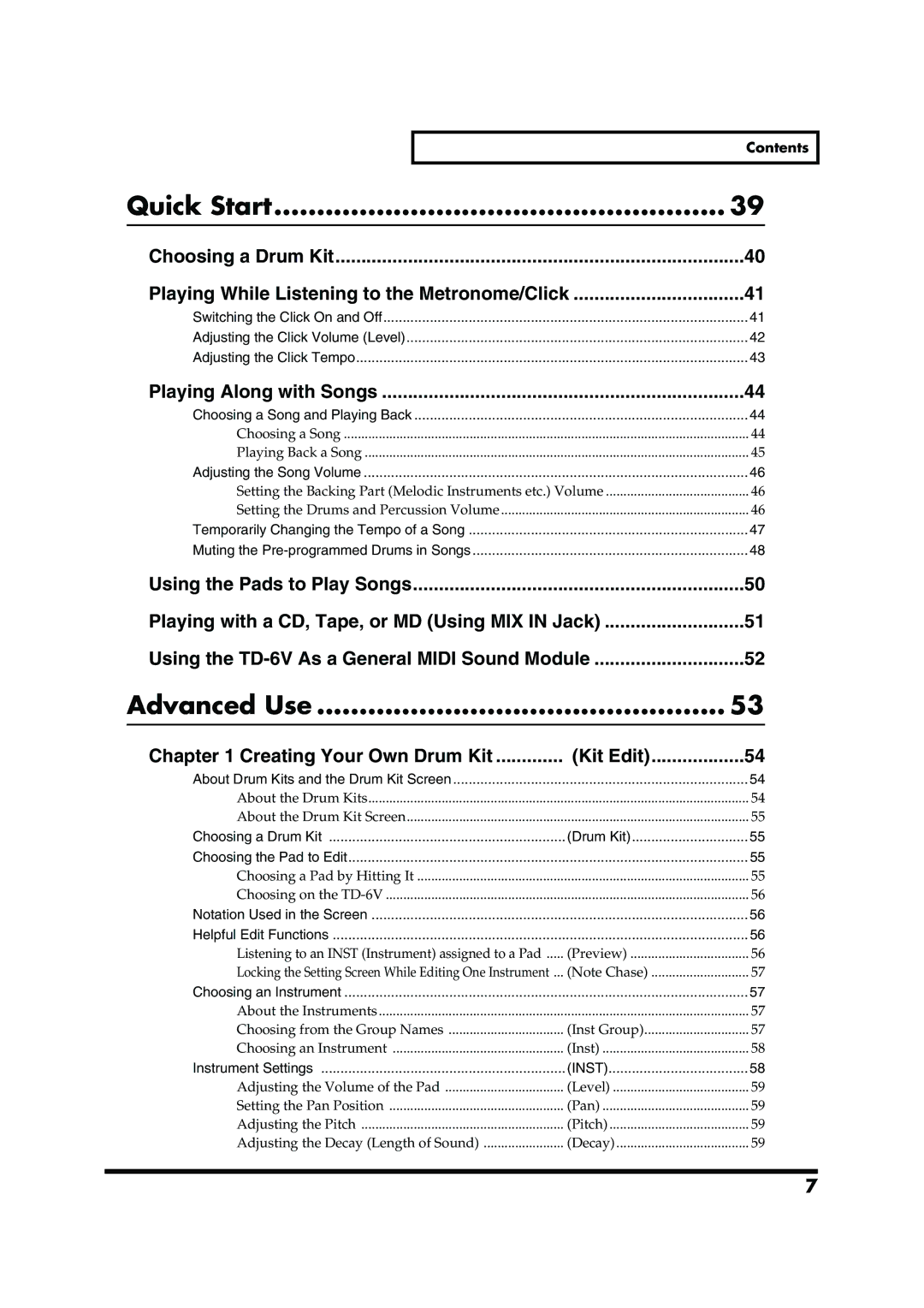 Roland TD-6V owner manual Quick Start, Advanced Use, Playing Along with Songs, Creating Your Own Drum Kit, Contents 