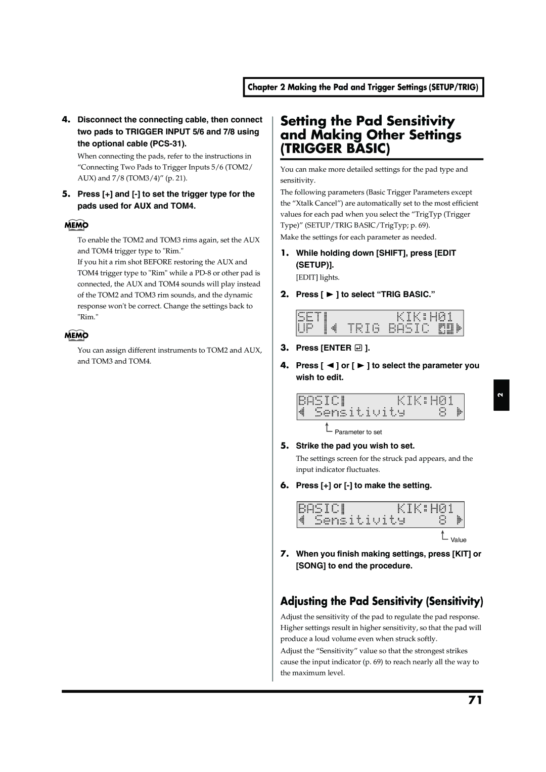 Roland TD-6V owner manual Setting the Pad Sensitivity Making Other Settings, Adjusting the Pad Sensitivity Sensitivity 