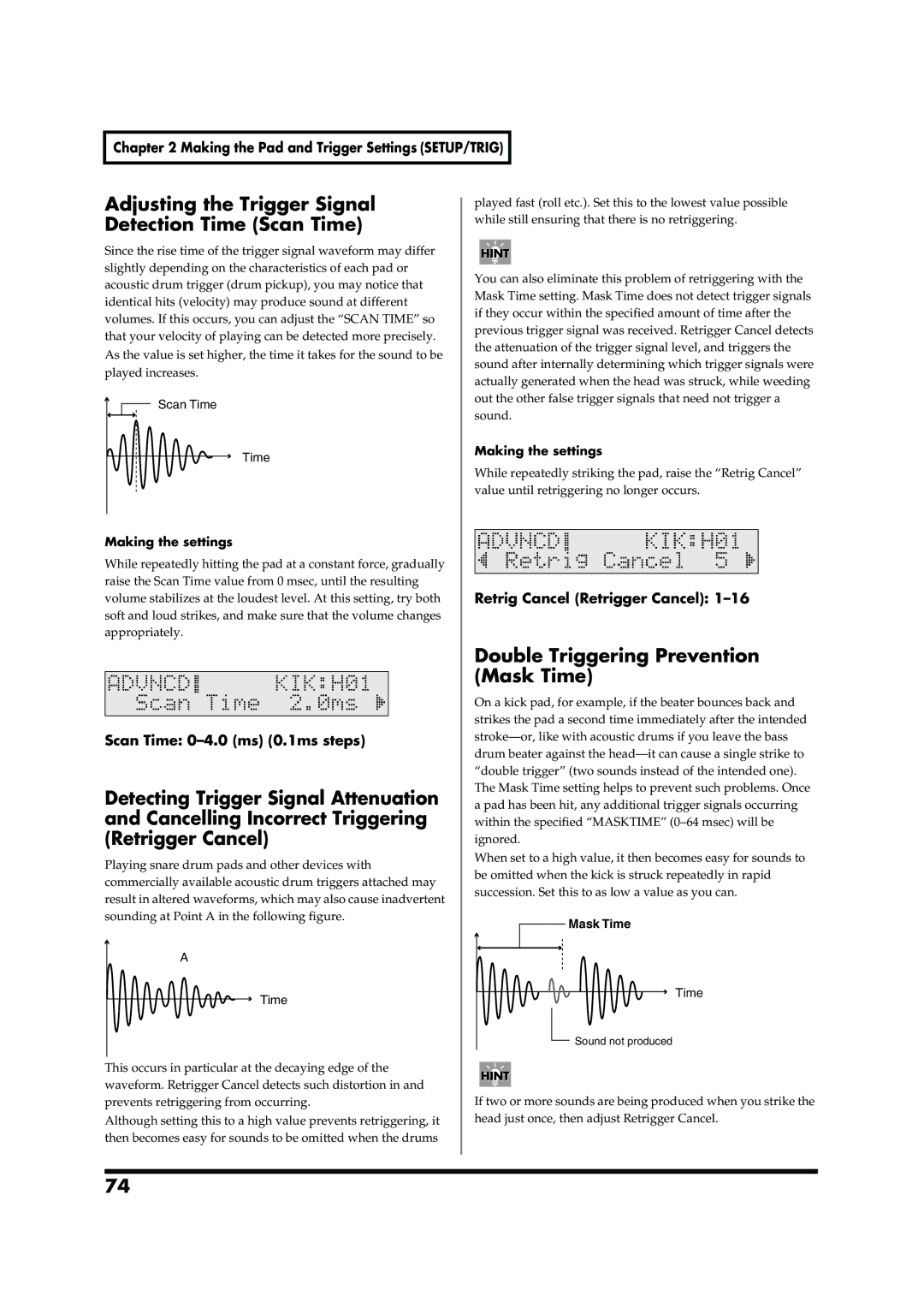 Roland TD-6V owner manual Adjusting the Trigger Signal Detection Time Scan Time, Double Triggering Prevention Mask Time 