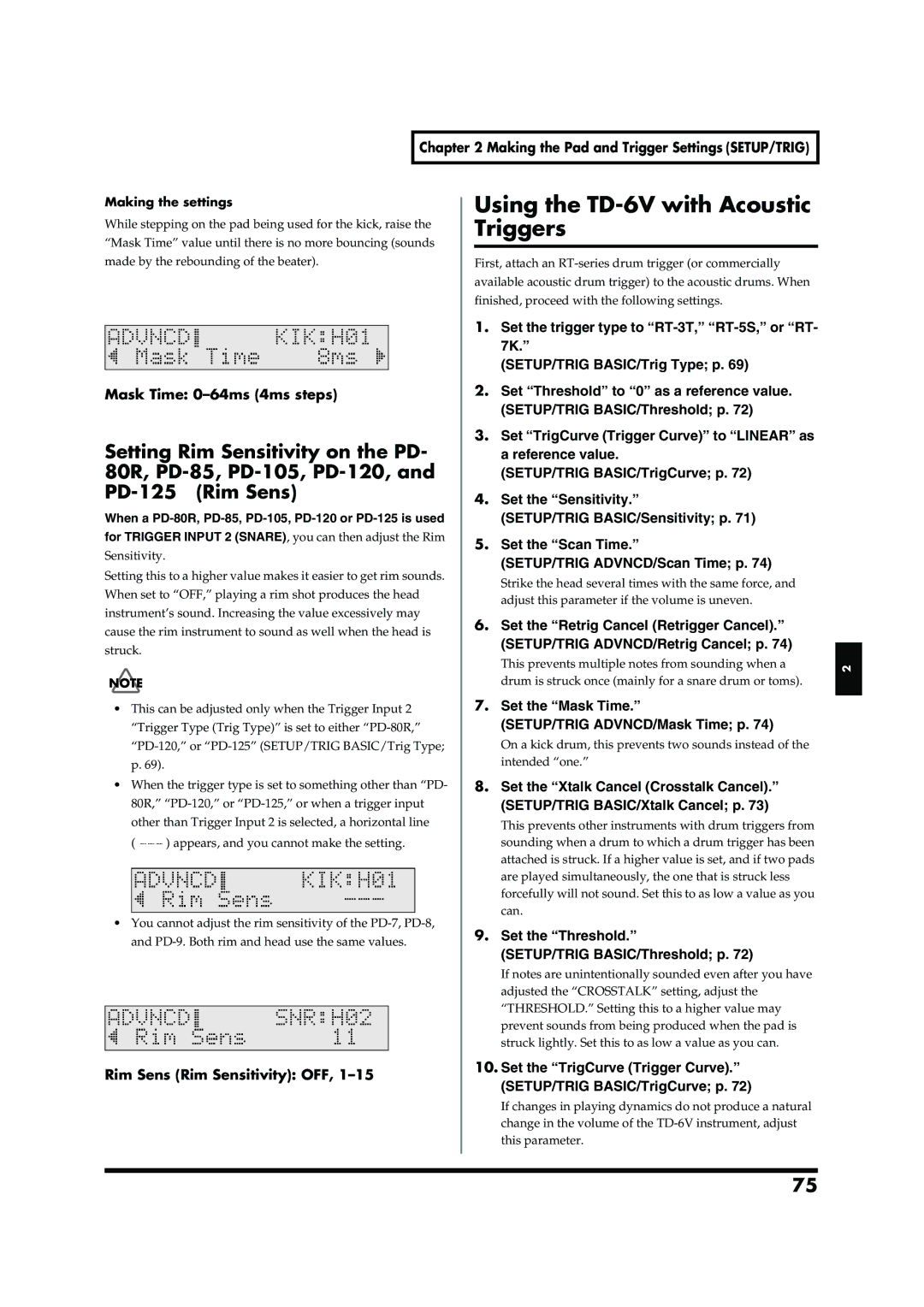 Roland owner manual Using the TD-6V with Acoustic Triggers, Mask Time 0-64ms 4ms steps, Rim Sens Rim Sensitivity OFF 