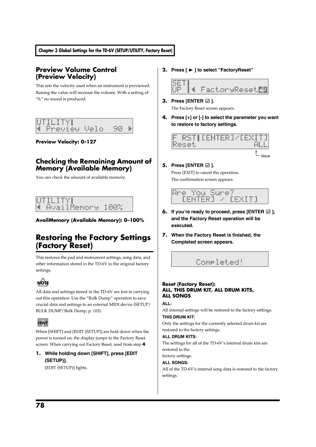 Roland TD-6V owner manual Restoring the Factory Settings Factory Reset, Preview Volume Control Preview Velocity 