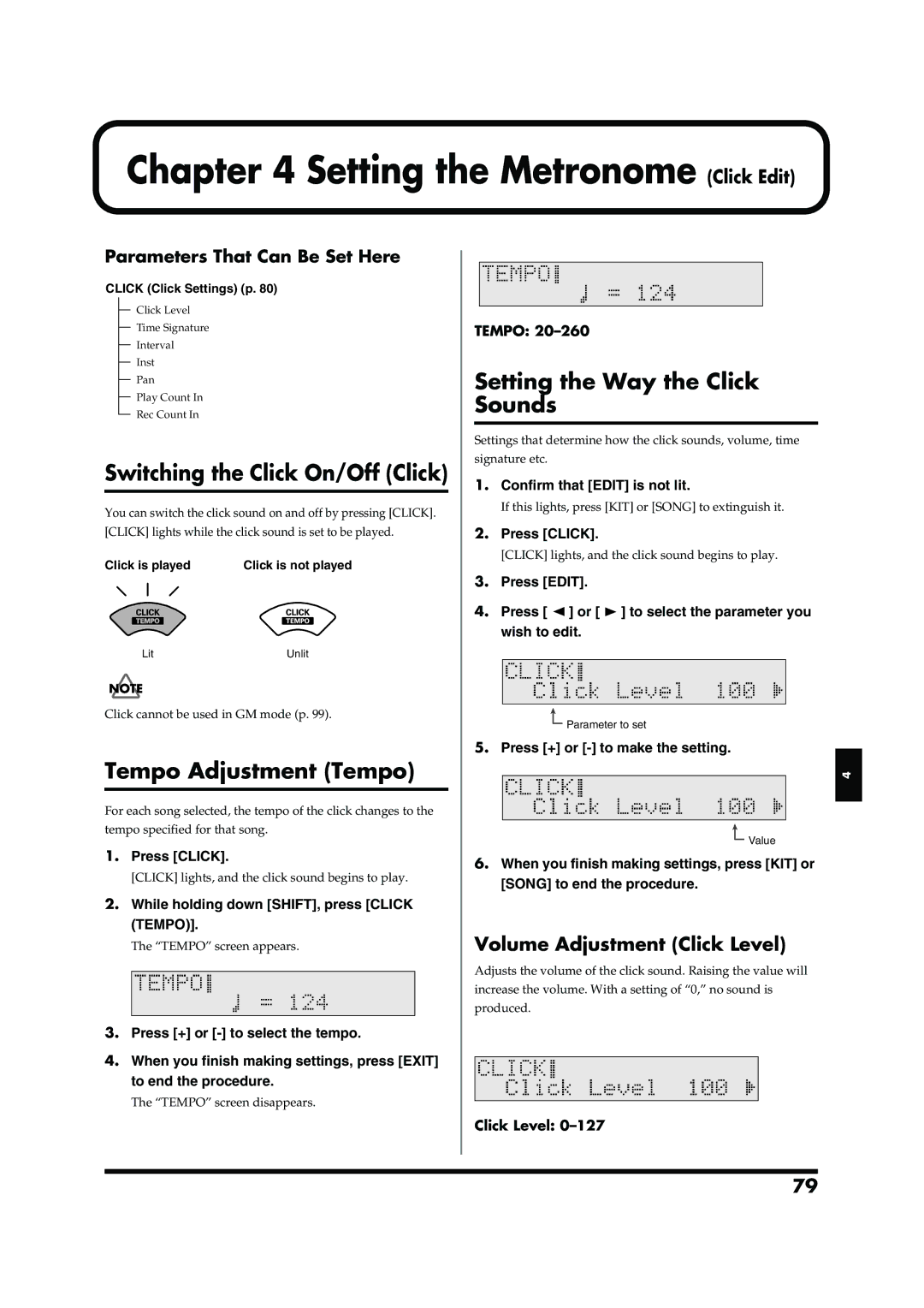 Roland TD-6V owner manual Setting the Metronome Click Edit, Switching the Click On/Off Click, Tempo Adjustment Tempo 