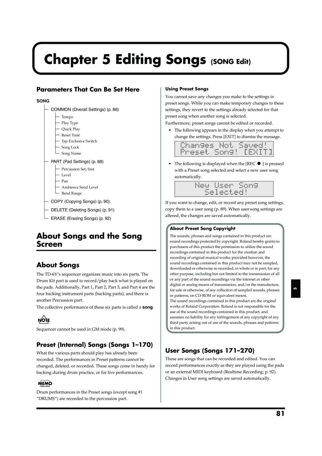 Roland TD-6V owner manual Editing Songs Song Edit, About Songs and the Song Screen 