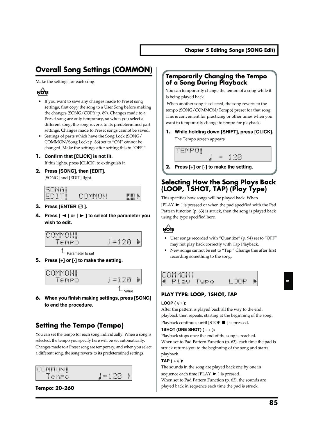 Roland TD-6V owner manual Overall Song Settings Common, Setting the Tempo Tempo, Press SONG, then Edit 