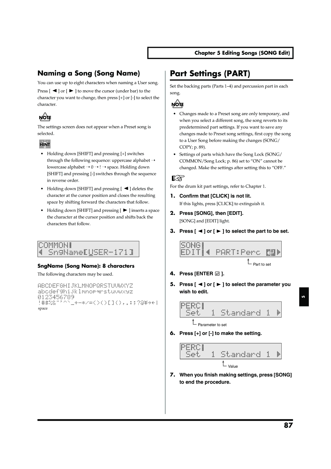 Roland TD-6V owner manual Part Settings Part, Naming a Song Song Name, SngName Song Name 8 characters 