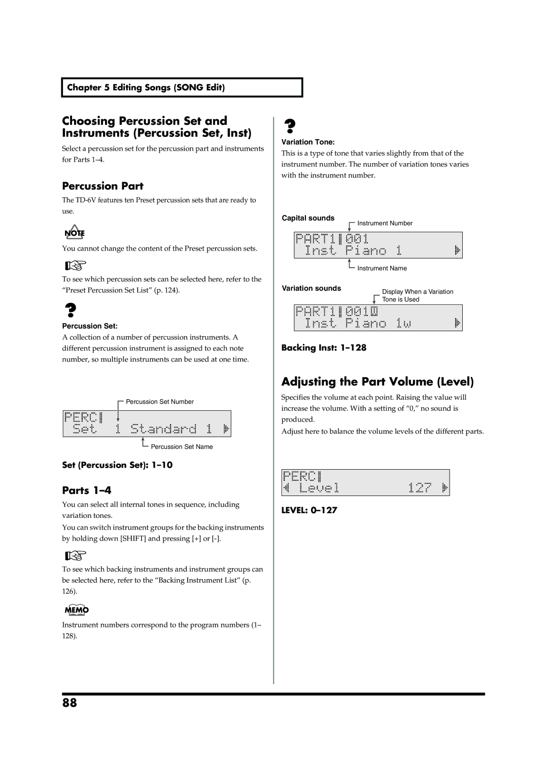 Roland TD-6V owner manual Adjusting the Part Volume Level, Set Percussion Set, Backing Inst 