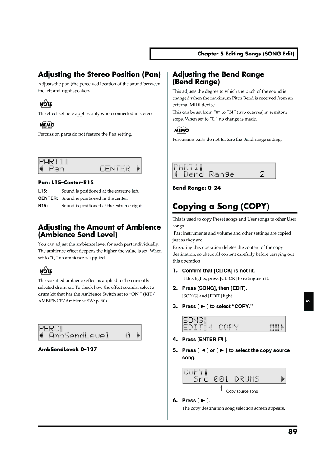 Roland TD-6V Copying a Song Copy, Adjusting the Stereo Position Pan, Adjusting the Amount of Ambience Ambience Send Level 