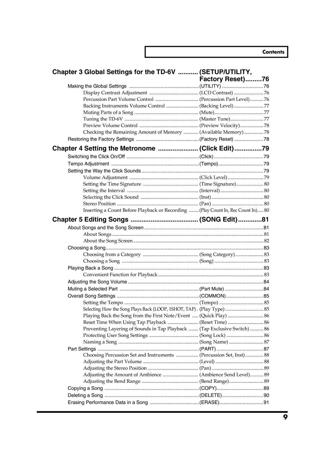 Roland Global Settings for the TD-6V, Factory Reset, Setting the Metronome Click Edit, Editing Songs Song Edit 