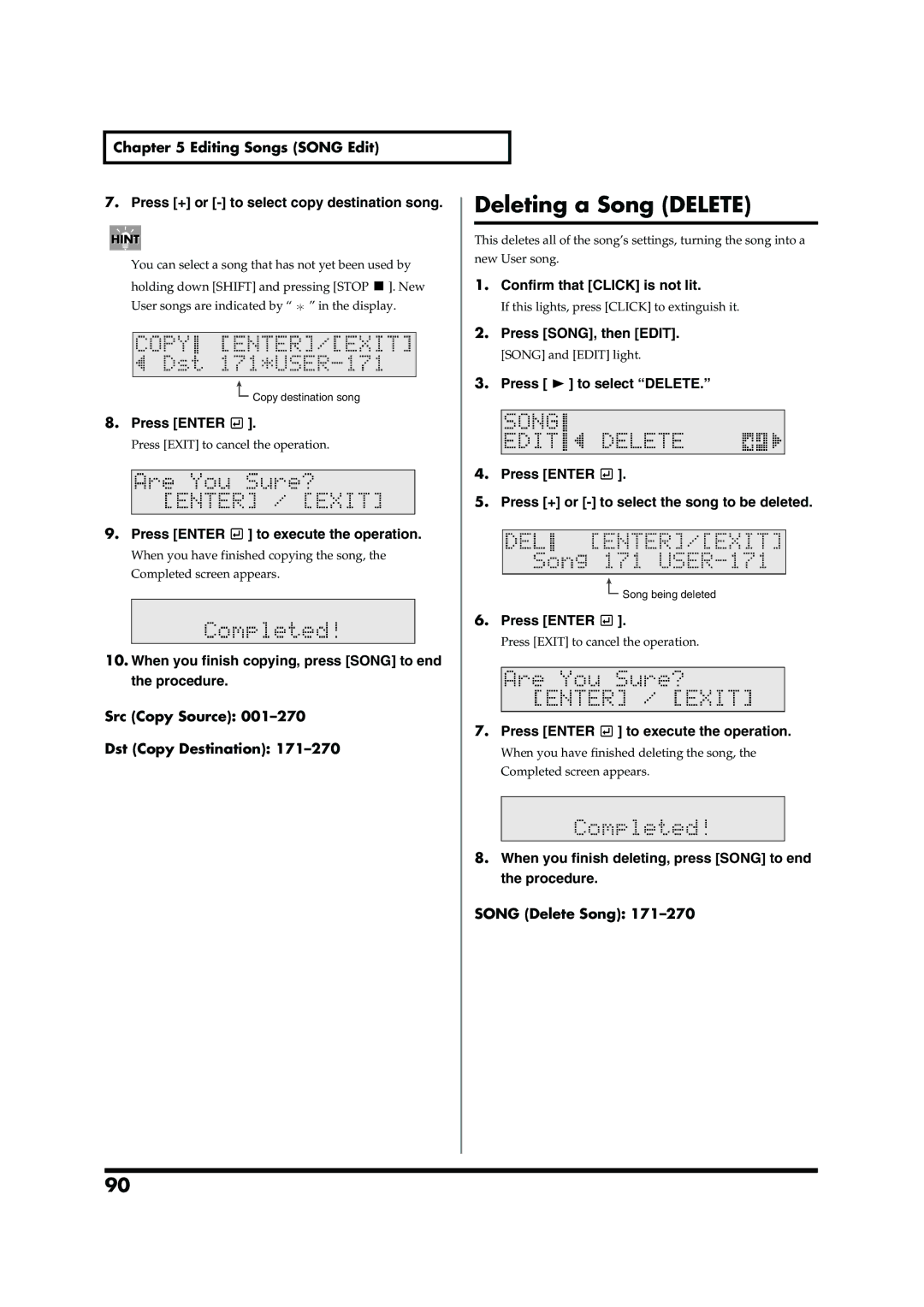 Roland TD-6V owner manual Deleting a Song Delete, Press Enter 