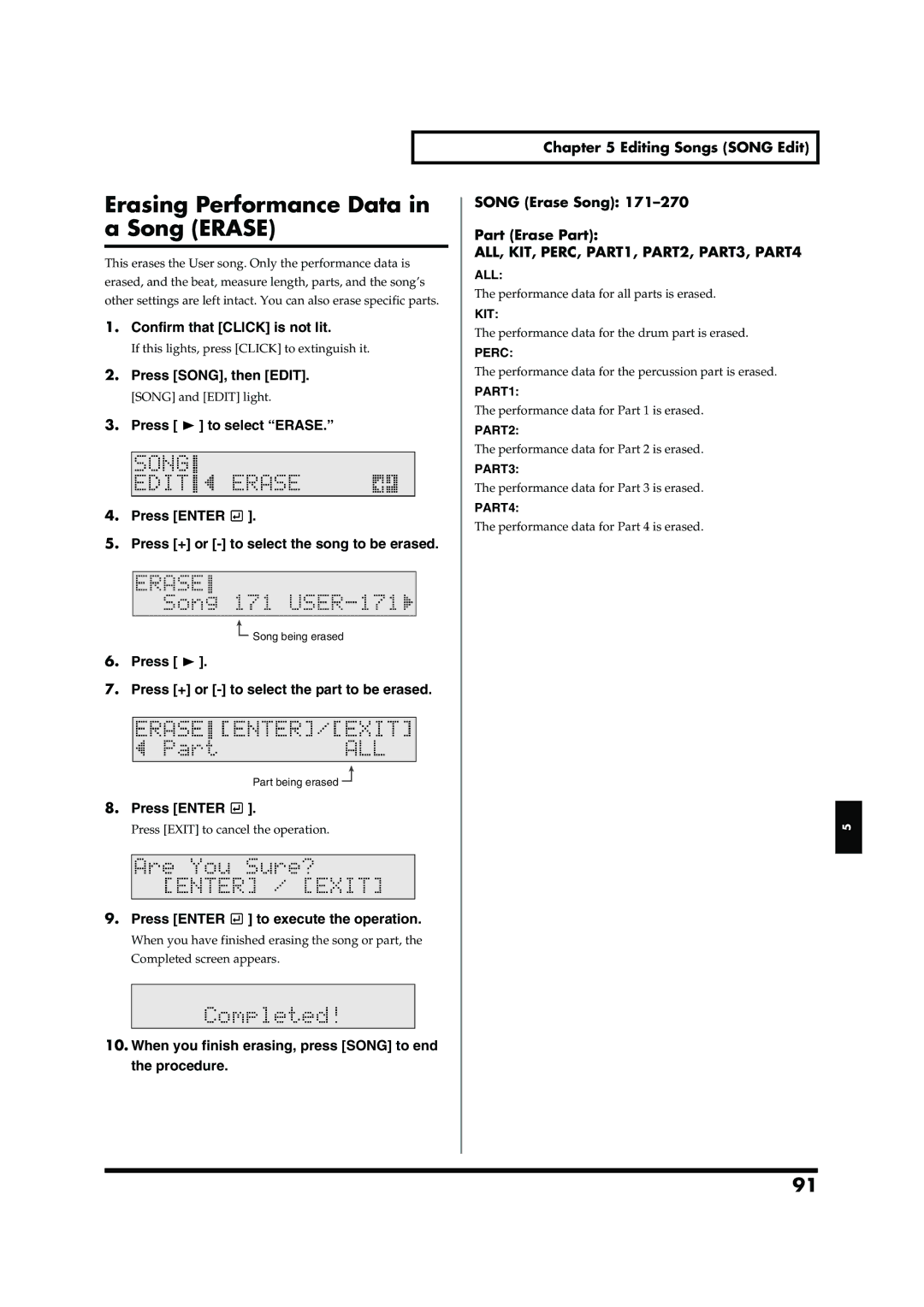 Roland TD-6V owner manual Erasing Performance Data, Song Erase Song, Part Erase Part 