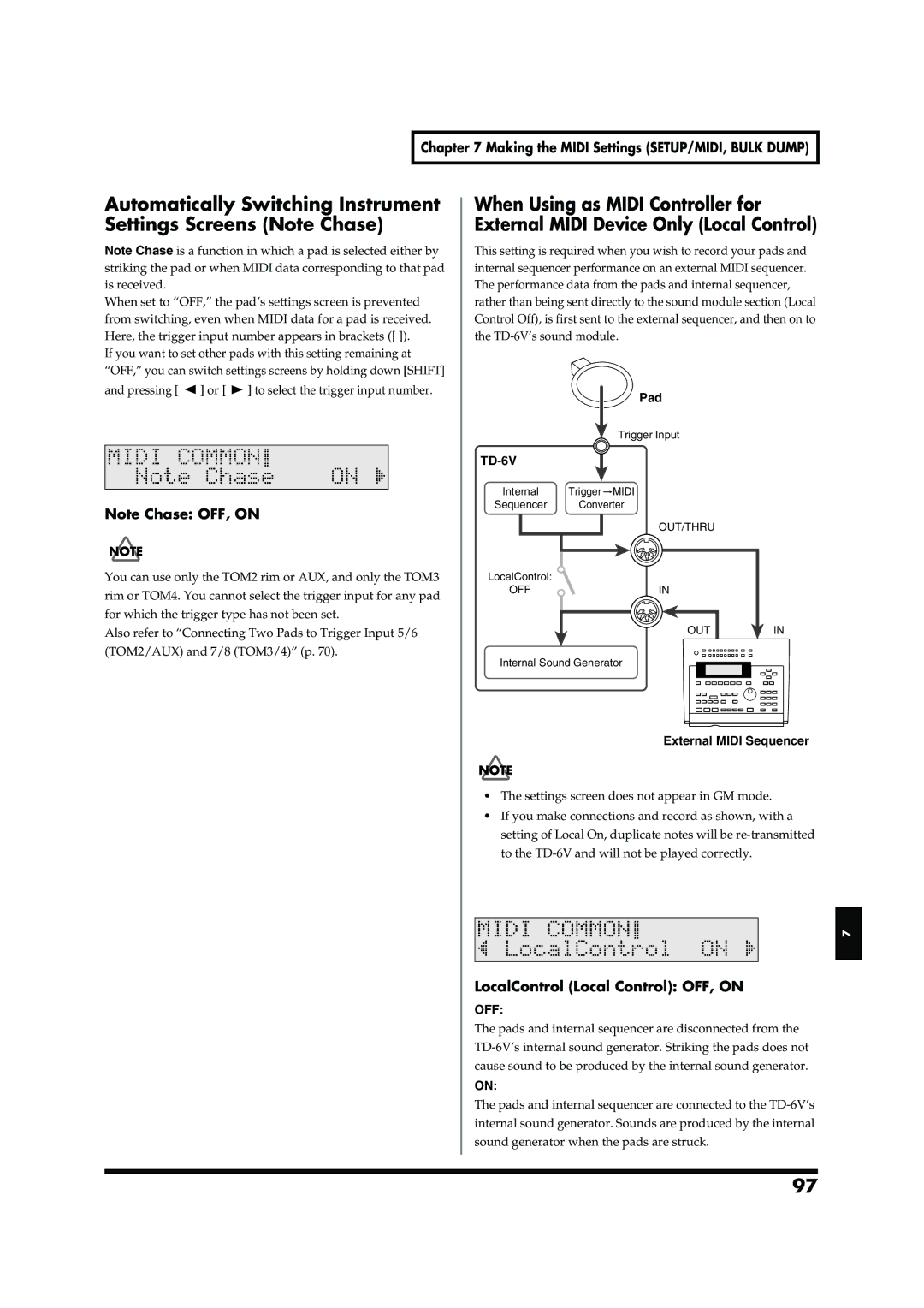 Roland TD-6V owner manual LocalControl Local Control OFF, on, External Midi Sequencer 