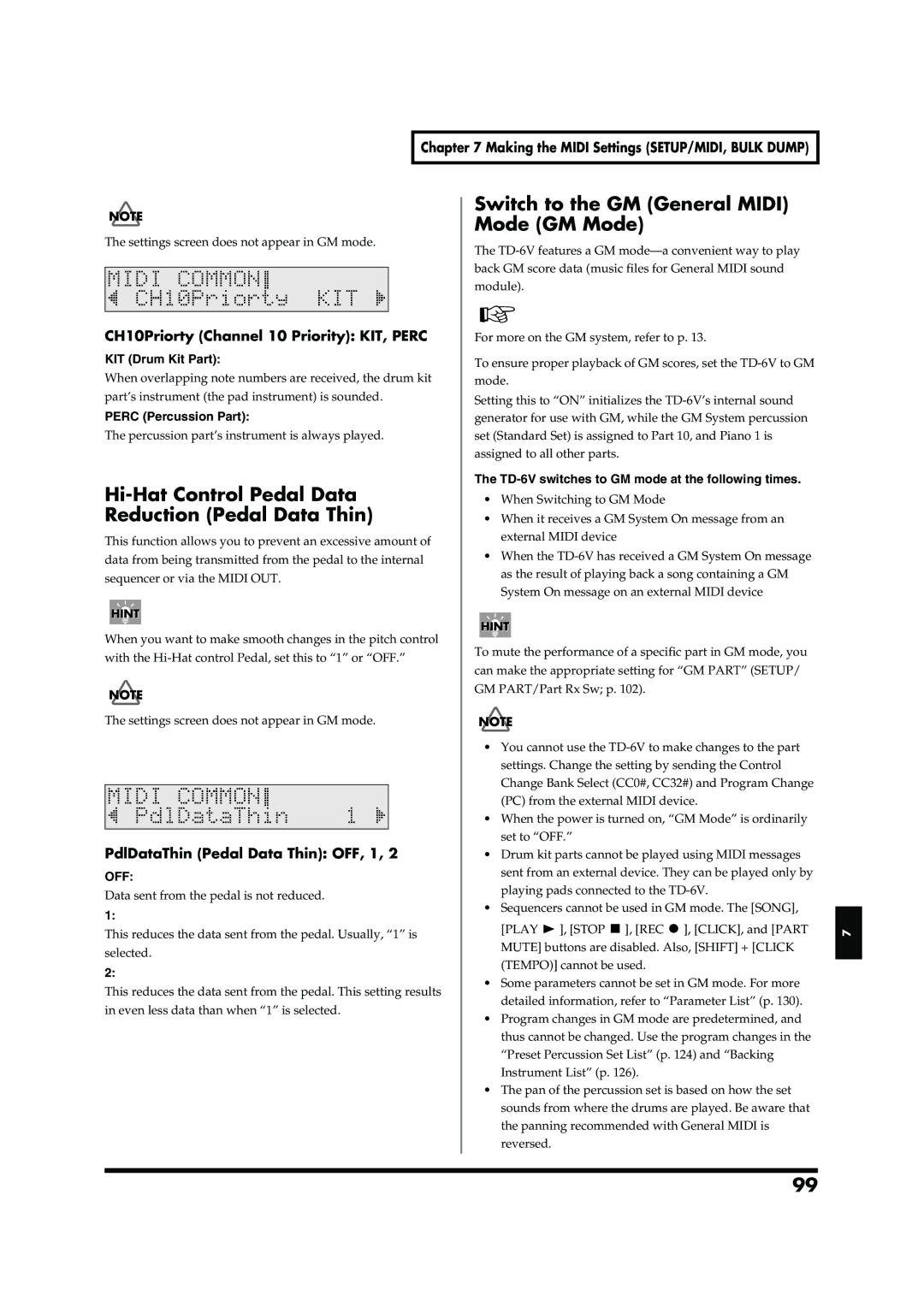 Roland TD-6V owner manual Hi-Hat Control Pedal Data Reduction Pedal Data Thin, Switch to the GM General Midi Mode GM Mode 