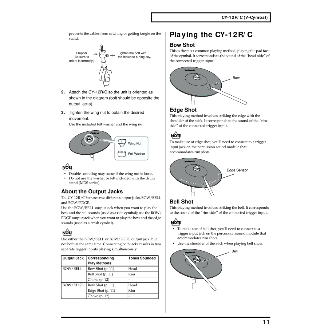 Roland TD-8KV owner manual Playing the CY-12R/C, Movement, Output Jack Corresponding Tones Sounded Play Methods 