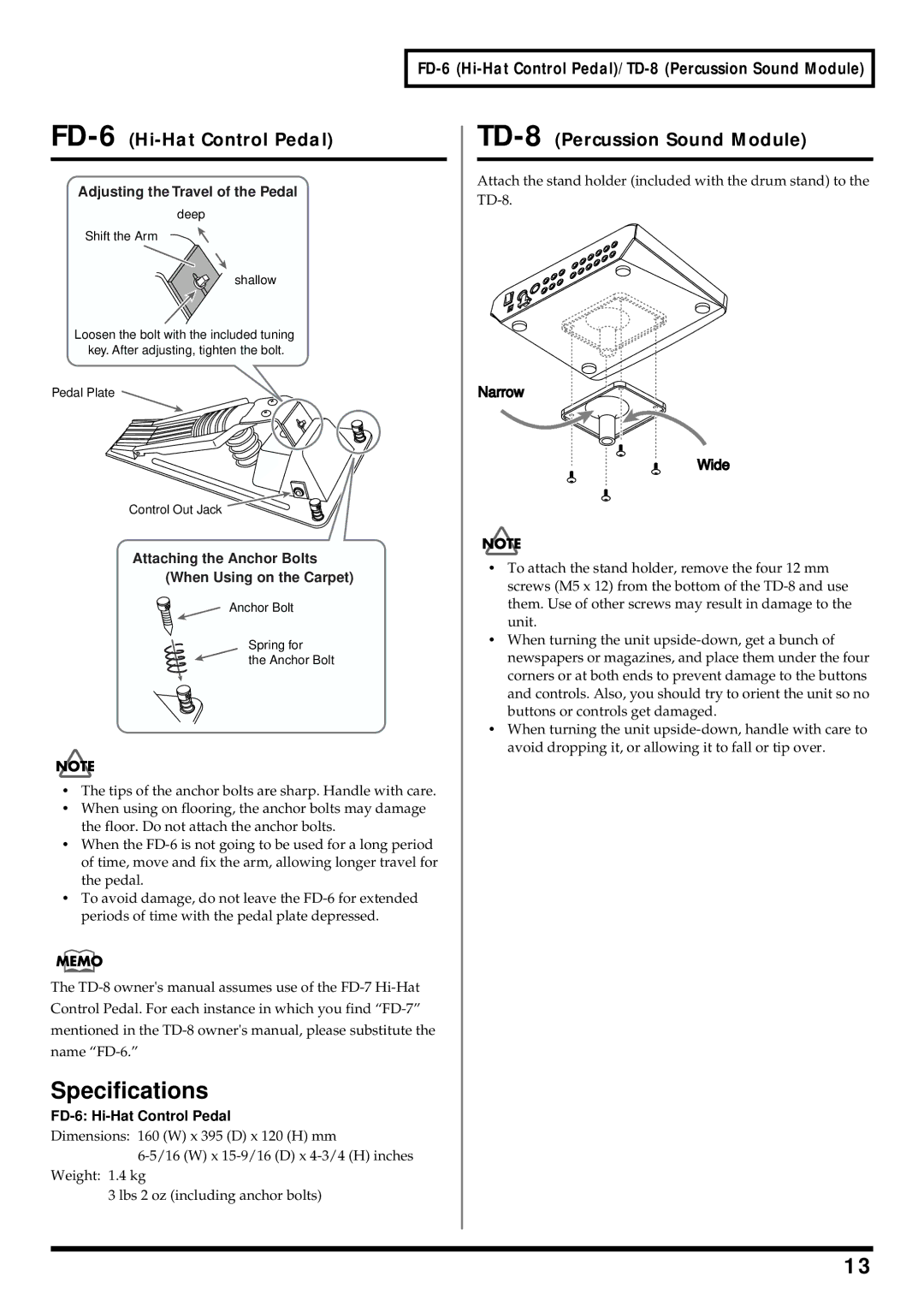 Roland TD-8KV owner manual FD-6 Hi-Hat Control Pedal, Narrow Wide 