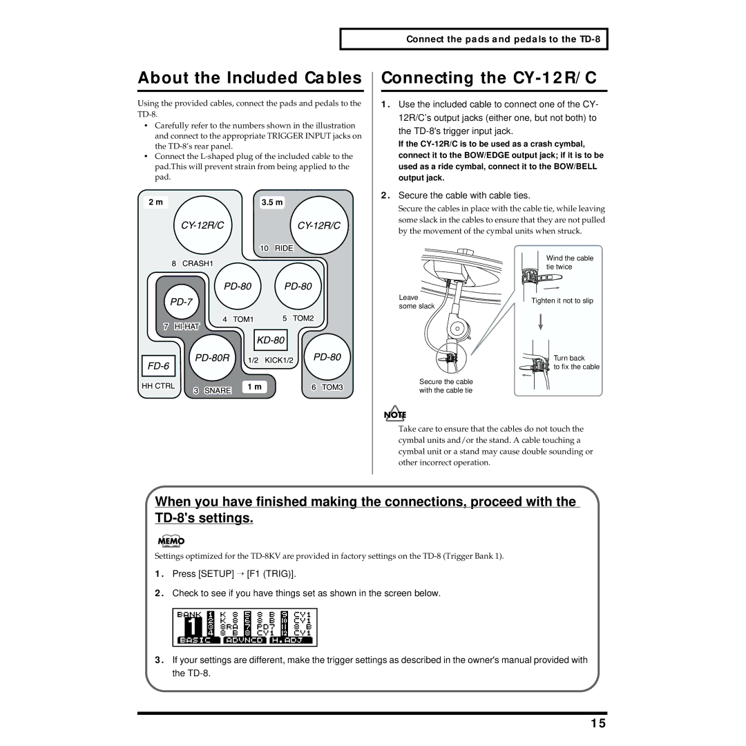 Roland TD-8KV owner manual About the Included Cables, Connecting the CY-12R/C, Secure the cable with cable ties 