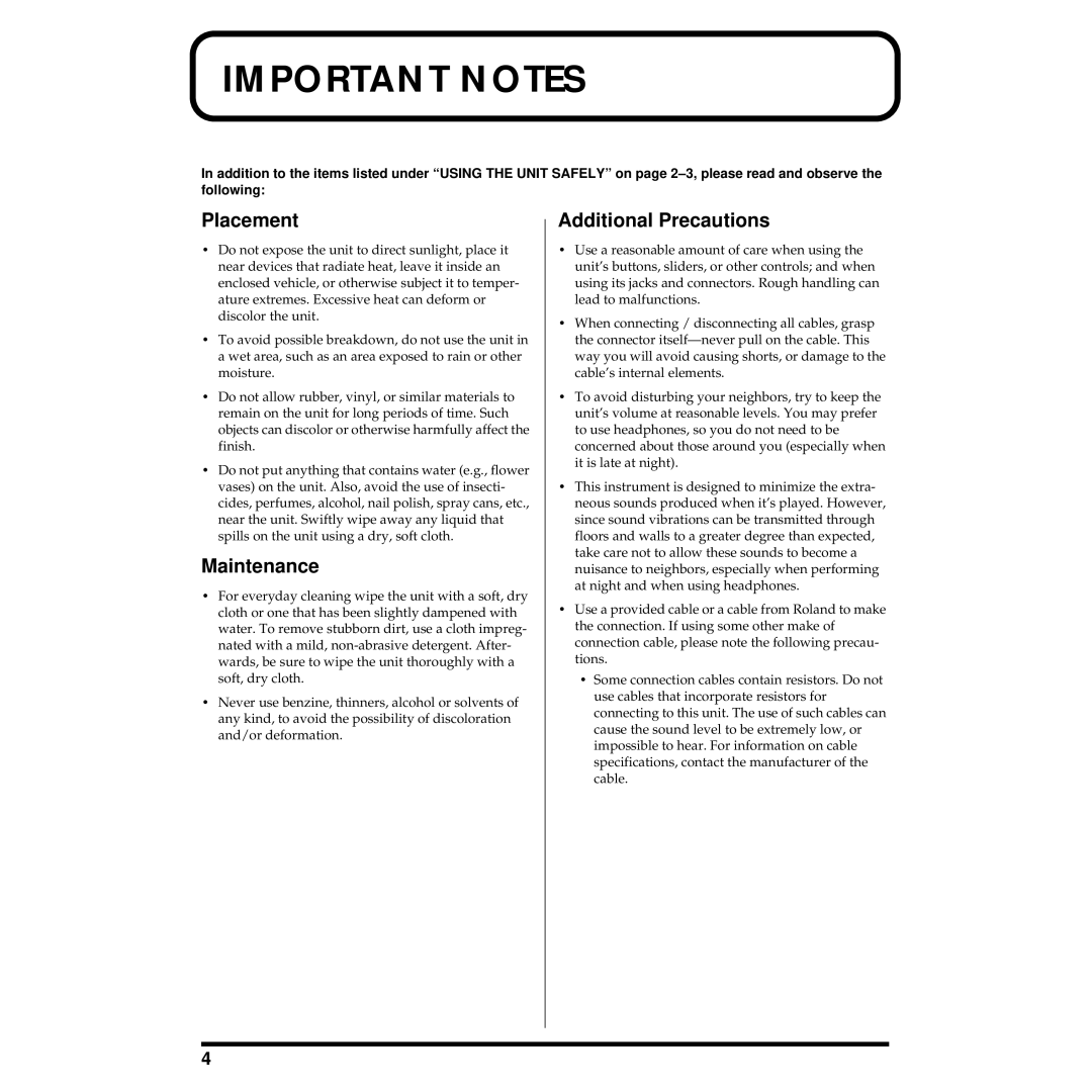 Roland TD-8KV owner manual Placement, Maintenance, Additional Precautions 