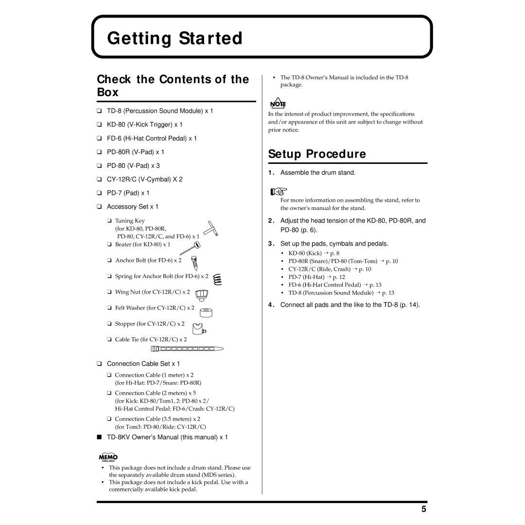 Roland TD-8KV owner manual Getting Started, Check the Contents of the Box, Setup Procedure 