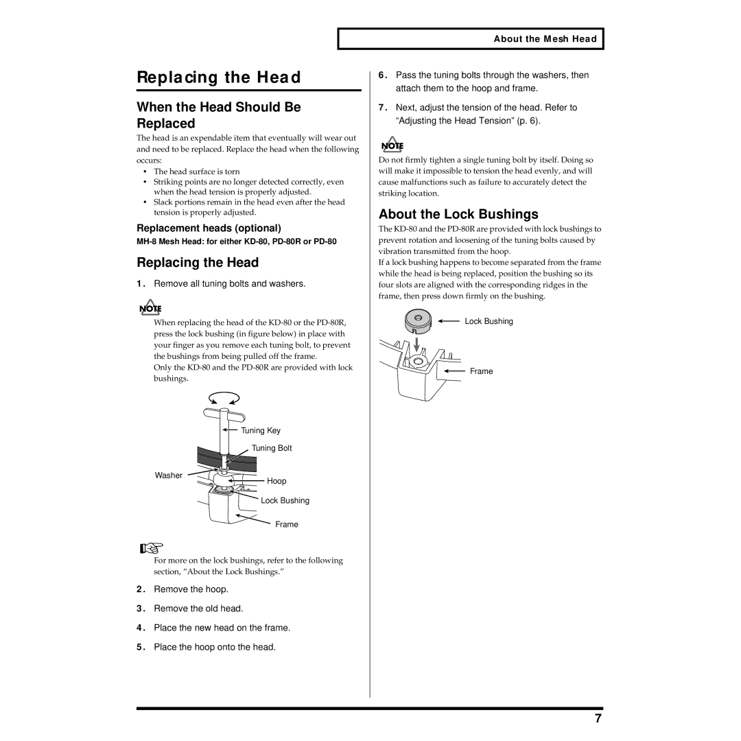 Roland TD-8KV owner manual Replacing the Head, When the Head Should Be, Replaced, About the Lock Bushings 