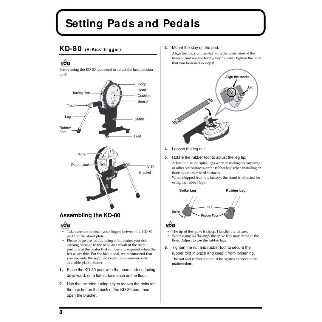 Roland TD-8KV owner manual Setting Pads and Pedals, Assembling the KD-80, Mount the stay on the pad, Bracket 