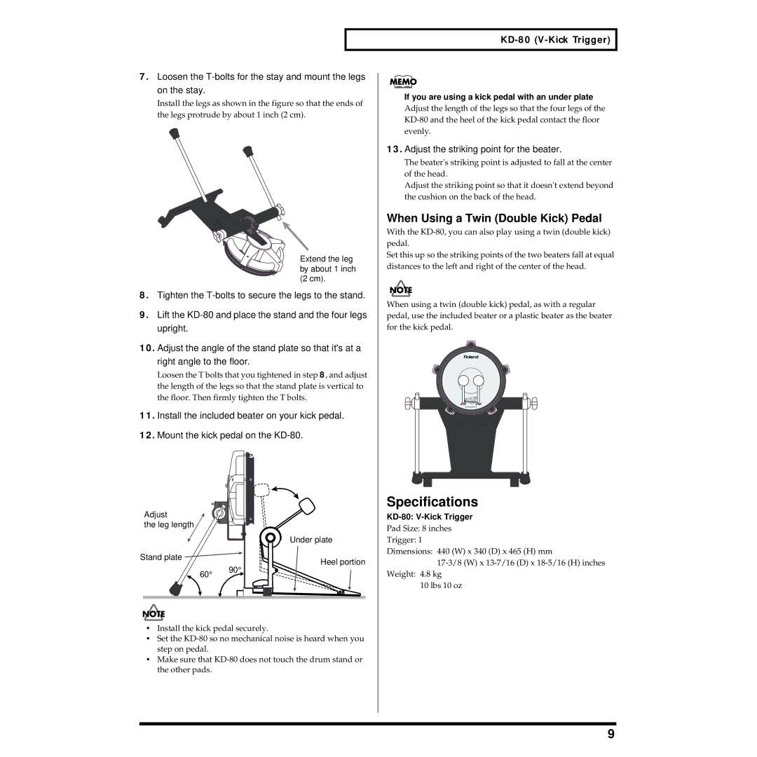 Roland TD-8KV owner manual Specifications, Adjust the striking point for the beater, Upright 