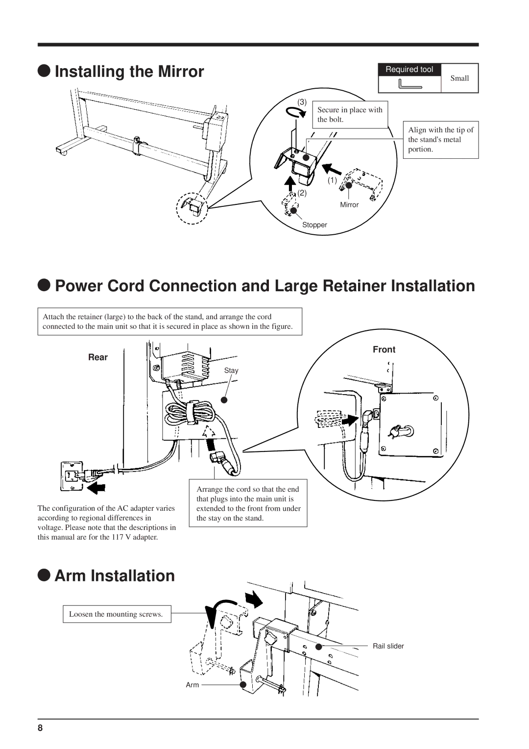 Roland TU-500 Installing the Mirror, Power Cord Connection and Large Retainer Installation, Arm Installation, Front Rear 